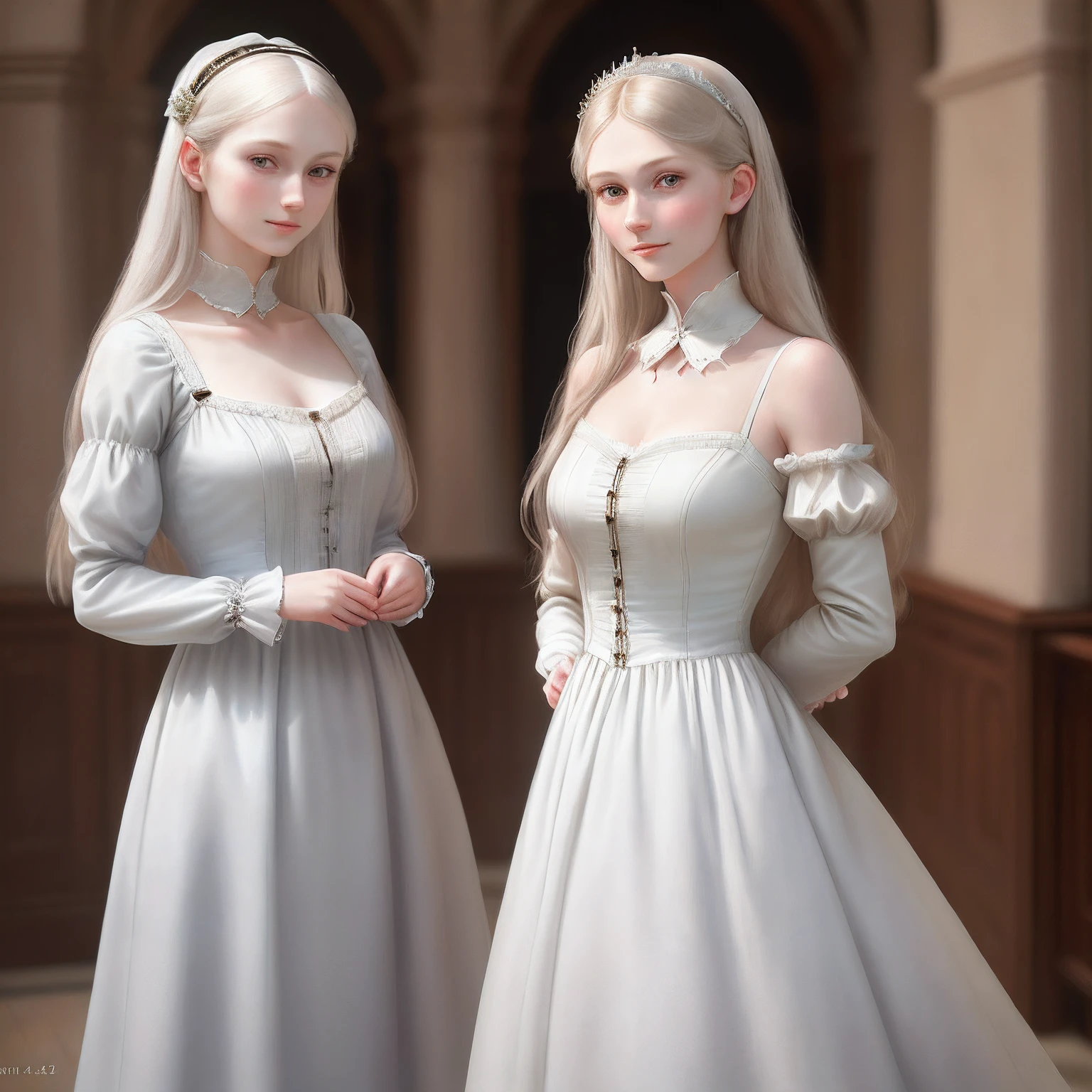 Amazingly beautiful girl from England, Florence Nightingale, beautiful girl, (2girl in one potrait), 2 girl are twins, (2 girls look at each other) (1 smile 1 don't smile), looks 19 years old, Victoria long dress, (same color dress), pale skin, (((realistic face)), realistic proportions, delicate body, staring at the camera, ballet moves, damp, (white Victoria dress), loose collar buttons, long loose hair (Both have long white hair), sweaty clothes, sweaty skin, , ((focus on the whole body)), ( Delicate Illustrations: 1.4), (Renaissance Art: 1.4), (Ultra High Resolution: 1.2), (Photorealistic: 1.4), (8K, RAW Photos: 1.2), (Soft Focus: 1.4), (19 years old: 1.3), (Sharp Focus: 1.4), Beautiful Face with Attention to Detail, Pure Rose Face_V1, Photorealistic Illustrations, Natural Light Lighting, Indoor