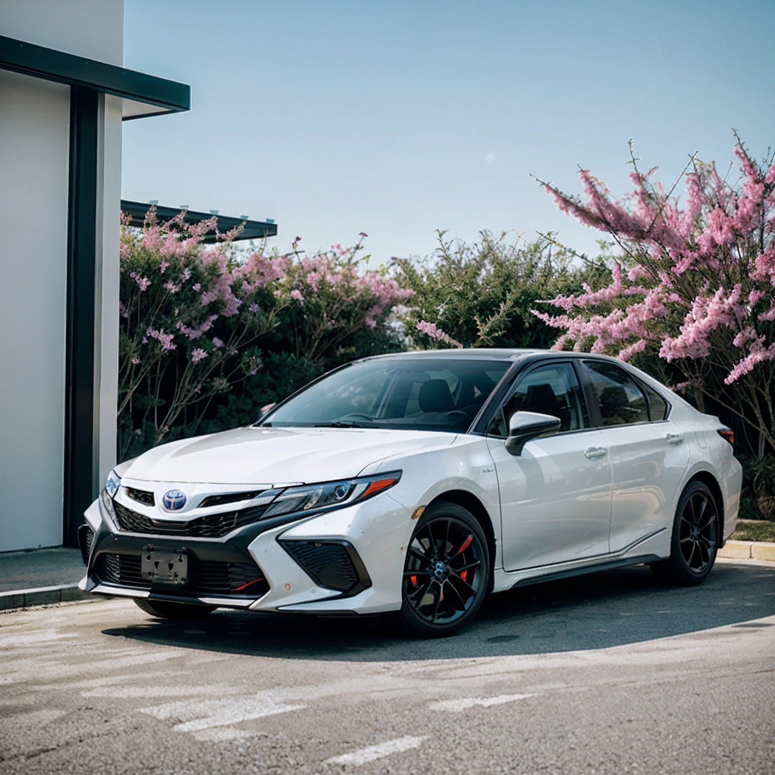 Black 2023 Toyota Camry Knight Edition,cyber punk perssonage,photo taken from far away,Complete vehicle,Minimalist 5-spoke symmetrical custom wheels,对称,proportionate,realisticlying,realistic cars, The Car, best angle, tmasterpiece, best qualtiy, ultra - detailed, 独奏, (natta), naturey, (As estrelas, themoon) fumo, shadowing, to contrast, sunny clear sky, styled, (a warm color palette, a warm color palette) (Super realistic) (ultra-detailliert) HDR quality