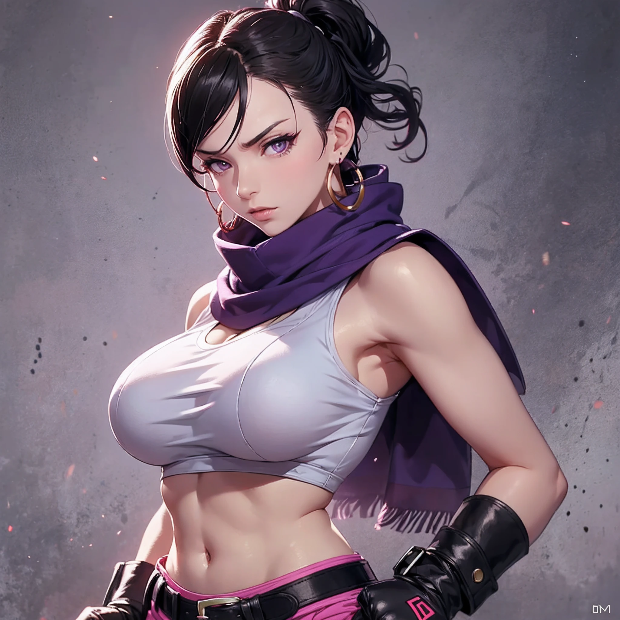 juri han street fighter, purple eyes, earrings, crop top, blmpony, belt, scarf, black tighs, clothes writing, fighting pose, big breast, large breasts, artgerm, juri_han_older --auto --s2