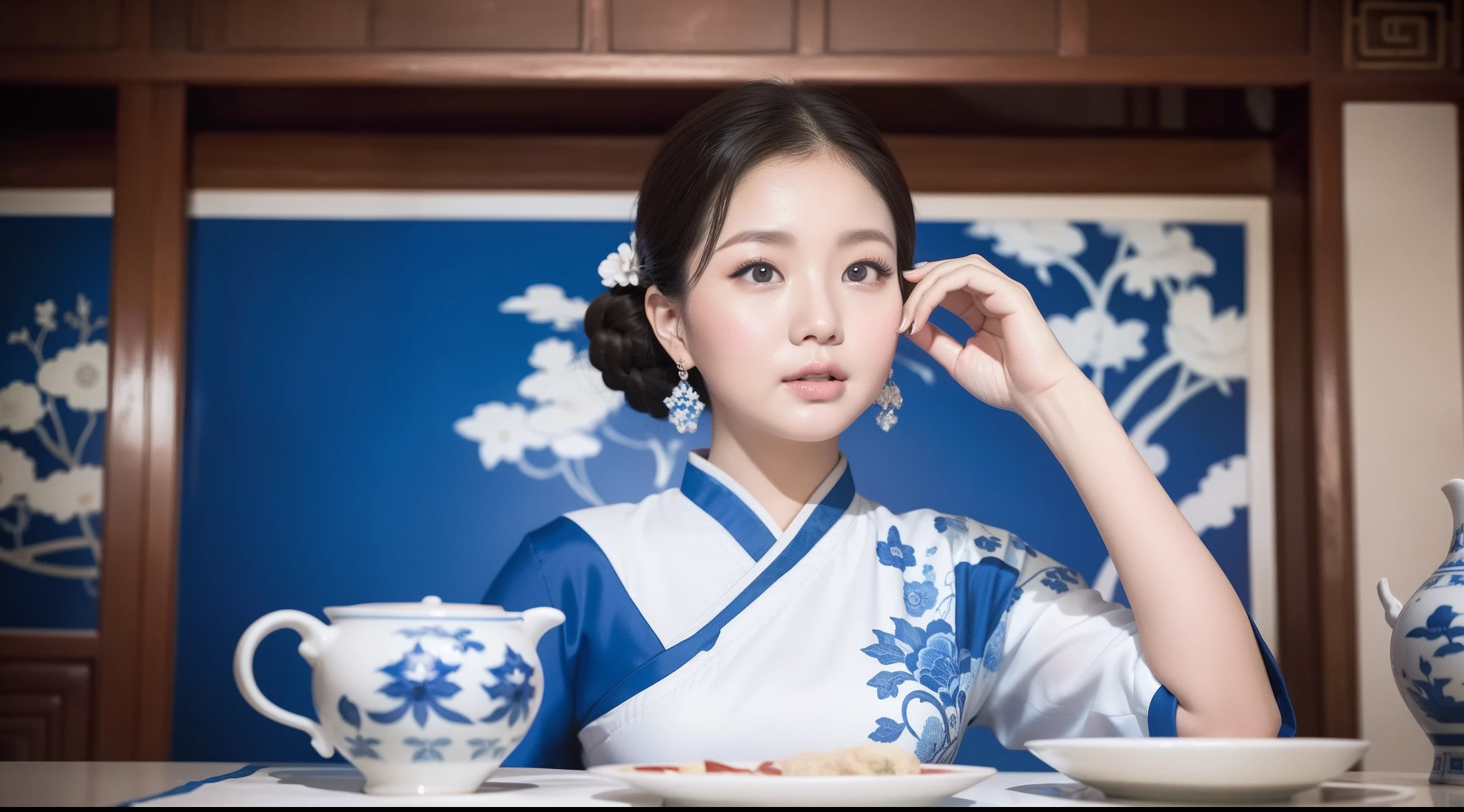 China-style,Oil paints,(Blue and white porcelain style:1.4),(hanfugirl:1.5),ancient china art style,Ancient buildings,Beautiful chubby asian woman in Call of Duty style, , Photos taken with a Canon EOS R5 DSLR camera, Cinematic lighting, Ultra photo realsisim, Intricate details, Her face is delicate