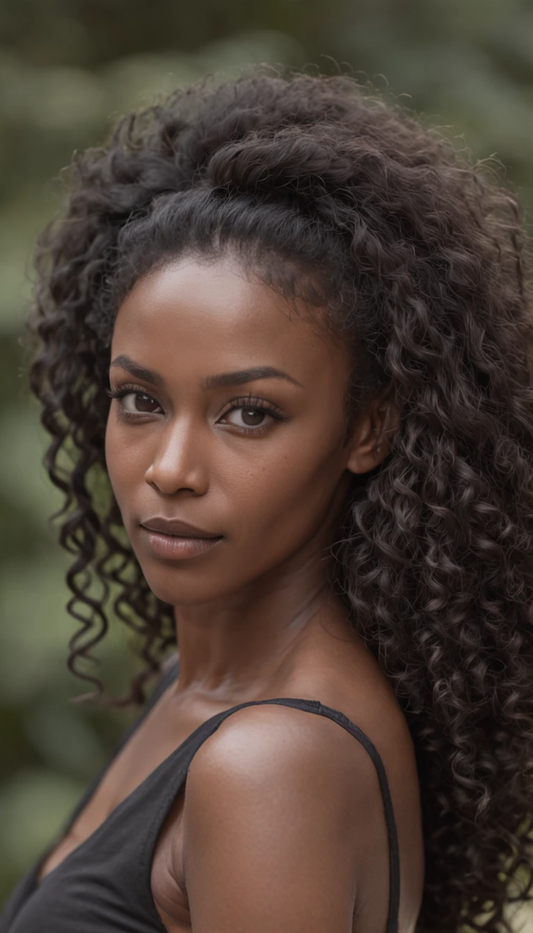 RAW photo, Real Photographics, A beautiful and stunning portrait of a black Brazilian woman, Nearly forty years old, with ((Dark brown skin)), Black African hair with a curly neck, hair scrunchie，black color hair，Kinks curl，Hair is curly，8 inches，Vivid clear brown eyes, Detailed face, Portrait of the face and upper body, Background family scene:1.3, Beautiful band (Long black skirt:1.5), depth of fields, high light，Real light，Ray traching，oc rendered，Hyper-realistic，best qualtiy，Works of masters，super-fine ,Correct anatomy，sharp focus on eyes，Bokeh，Facial features are carefully depicted