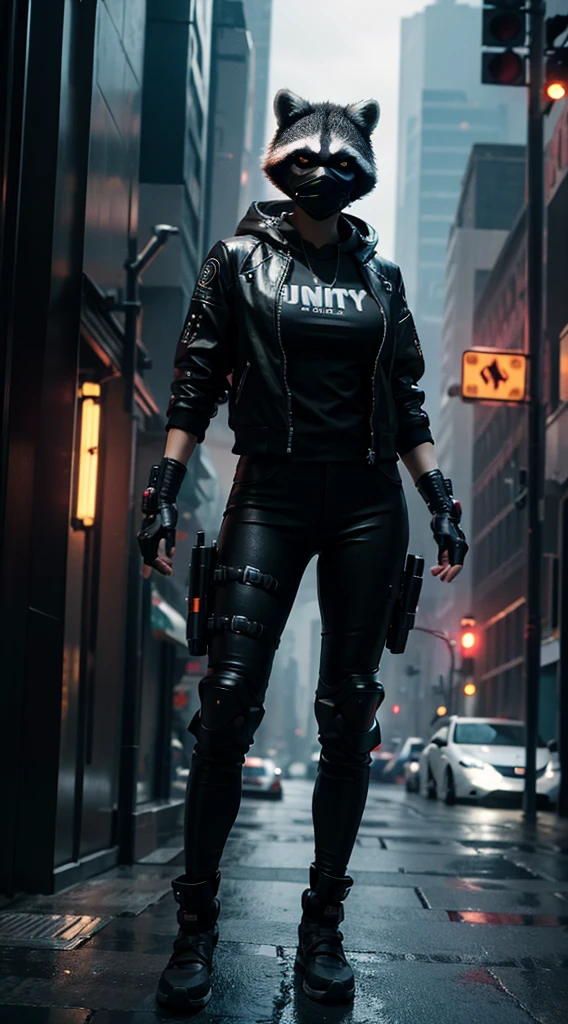 (extremely detailed CG unity 16k wallpaper:1.1), (Denoising strength: 1.45), (tmasterpiece:1.37), game style, Agent raccoon cyberpunk style full body, Tech armor, Masks have no face