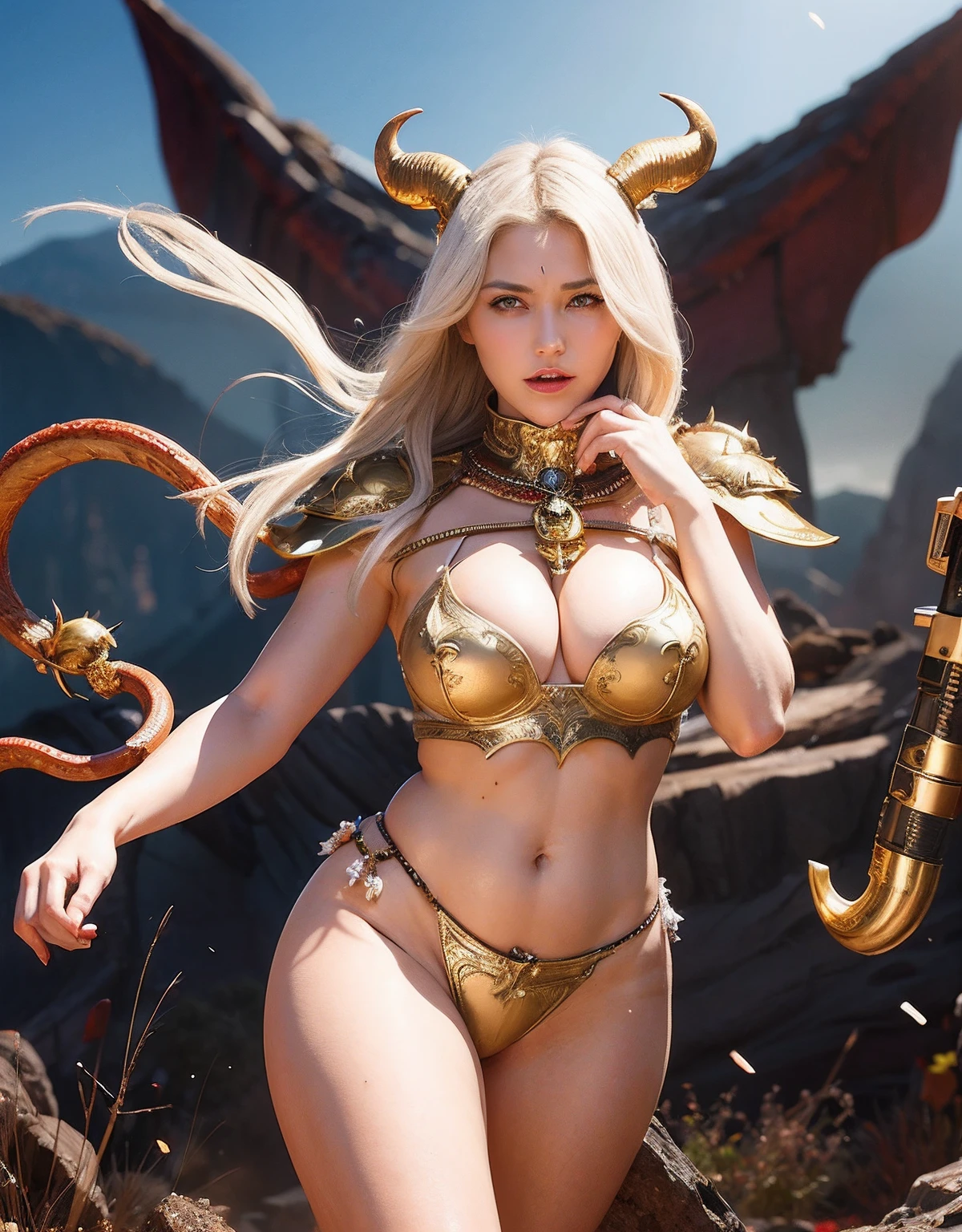 Professional , masterpiece、top-quality、photos realistic , depth of fields 、(White bikini armor)、(cleavage of the breast)、Jewel Gold Weapon、Particles of light),Gorgeous gold weapons ,(( Gorgeous Dragon Sword)) , (Hold the Devil's Hand) ,tentacles protruding from the body,,,,,,,,,,,,,,() 、((White hair))、(Castle background)、(demonic wings)、((Gangle's forest background))、Beautiful Caucasian beauty、1a person、dynamic ungle,(((Two devil's horns on the head)))、Smaller head、Idle Smile、Thin and beautiful female hands、cleavage of the breast、Mystical expression、Light Effects、intense fighting、Wind-effect、magic circles、With the legendary magic wand、Dragon's tail、Tentacles protruding from the black body of the whole body、tentacles protruding from the body,,,,