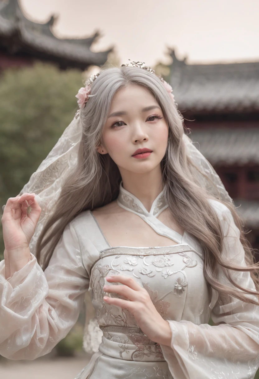 8K, Masterpiece, Best quality, Night, full moon, 1 girl, Chinese style, Chinese architecture, Mature woman, sister, Silver white long haired woman, Long hair, Light pink lips, calm, logical, bangs, Gray pupils, florest background, petal dancing, Delicate face, Delicate hands, Close up