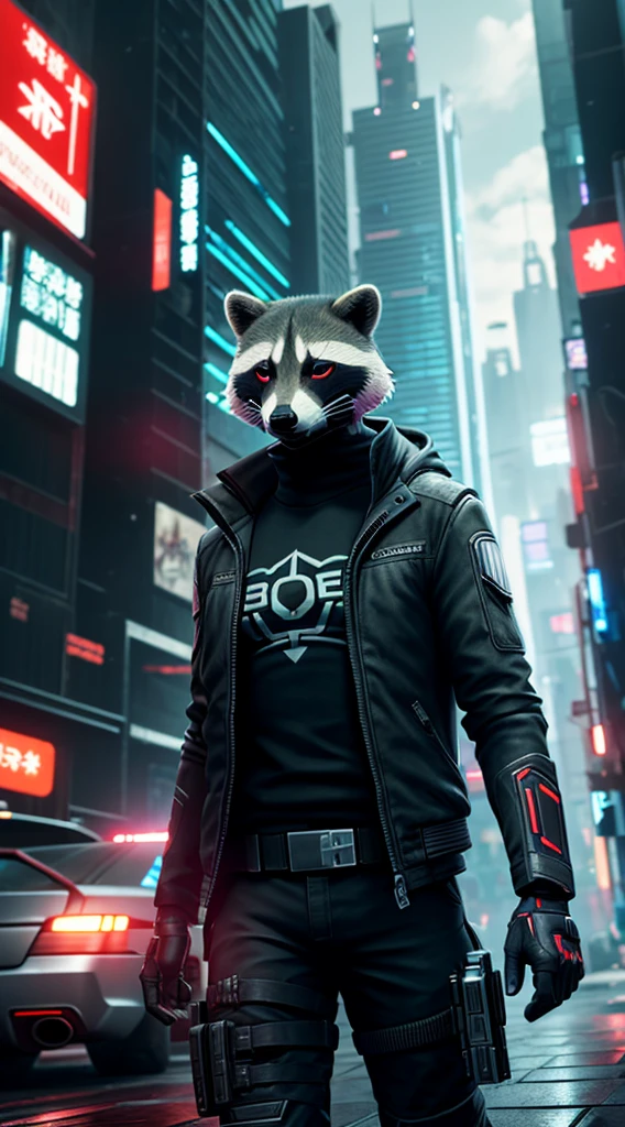 (extremely detailed CG unity 16k wallpaper:1.1), (Denoising strength: 1.45), (tmasterpiece:1.37), game style, Agent raccoon cyberpunk style full body, Tech armor, Masks have no face