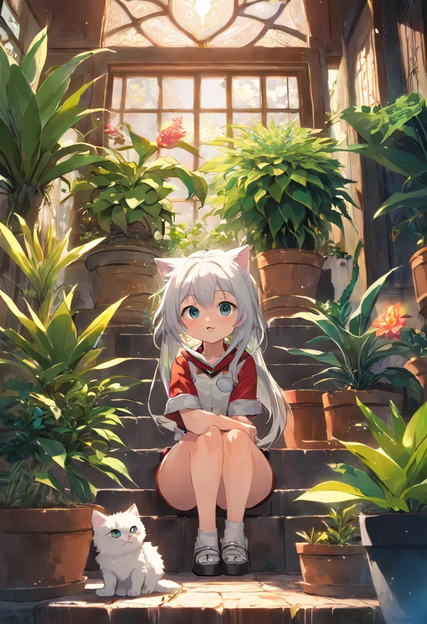 A kitten is in the lower left corner ,Huge plants, ((cheerfulness)) ((tmasterpiece)) ,Ultra HD and Super Resolution,((Succulents)),potted