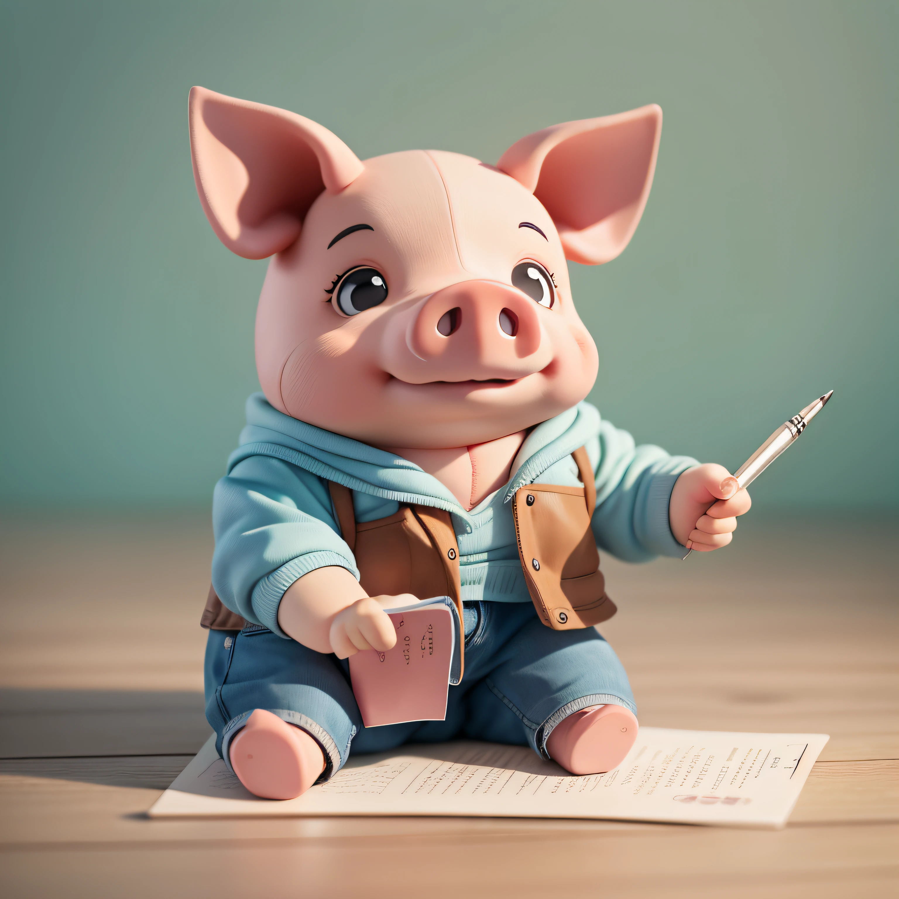 IP image of a pig,Suitable for agers aged 5-12 years,3DIP image,The pig held a hard pen in his hand,As a publicity for the practice of hard pen calligraphy