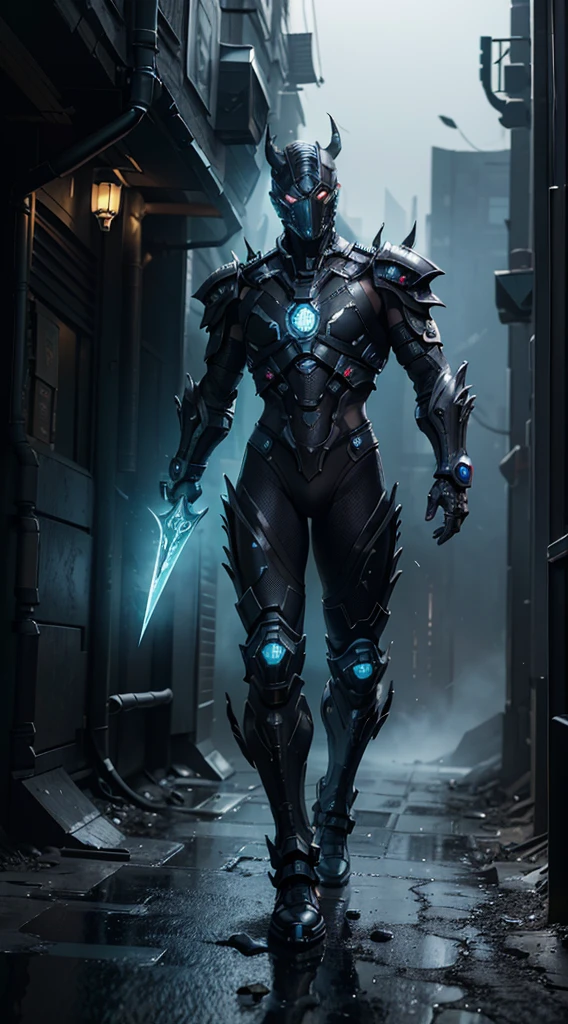 Rookie Cybertron, Cyber ninja mask, Cyberpunk details, Heavy armor, Dark magic, Necromancy magic, Full body portrait, Mortal Kombat fighter, Ultra photo realsisim, More detailed background, 8K, Ghost World, tactical armor, Black and blue, Tar fluid texture, black goo, Unforgettable mood, Creepy lighting, Dark, skulls, Diablo game aesthetics