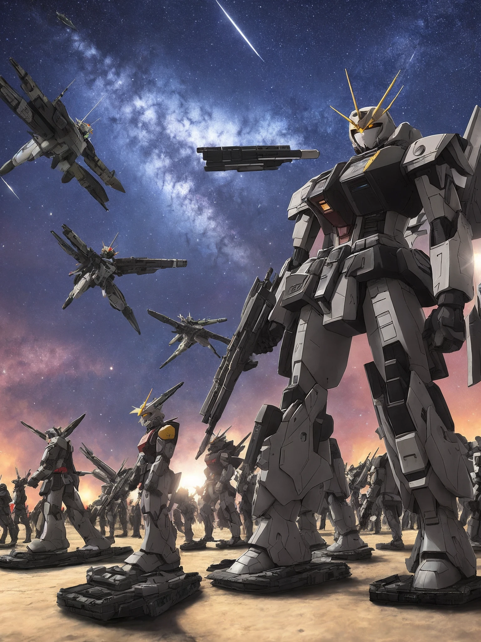 A Gundam army marches in formation,Ready to march to fight in a state of war,The background is under the stars at night