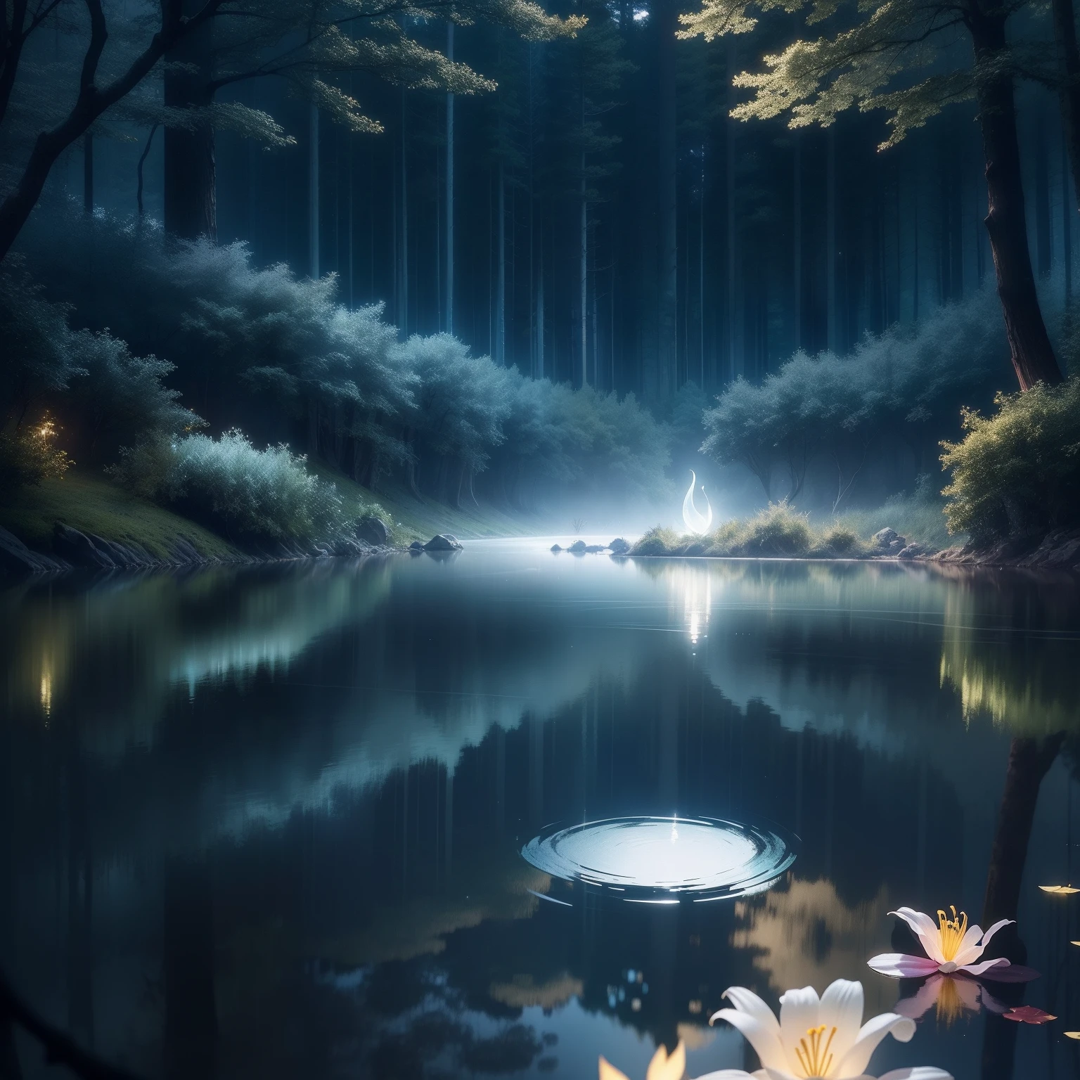 Luna, Wrapped around dazzling glowing ribbons, Reflected on the silent lake, Surrounded by forests, A place where trees make soft sounds, phosphorescence. Magical lilies float on the lake, Give the water a sparkling hue