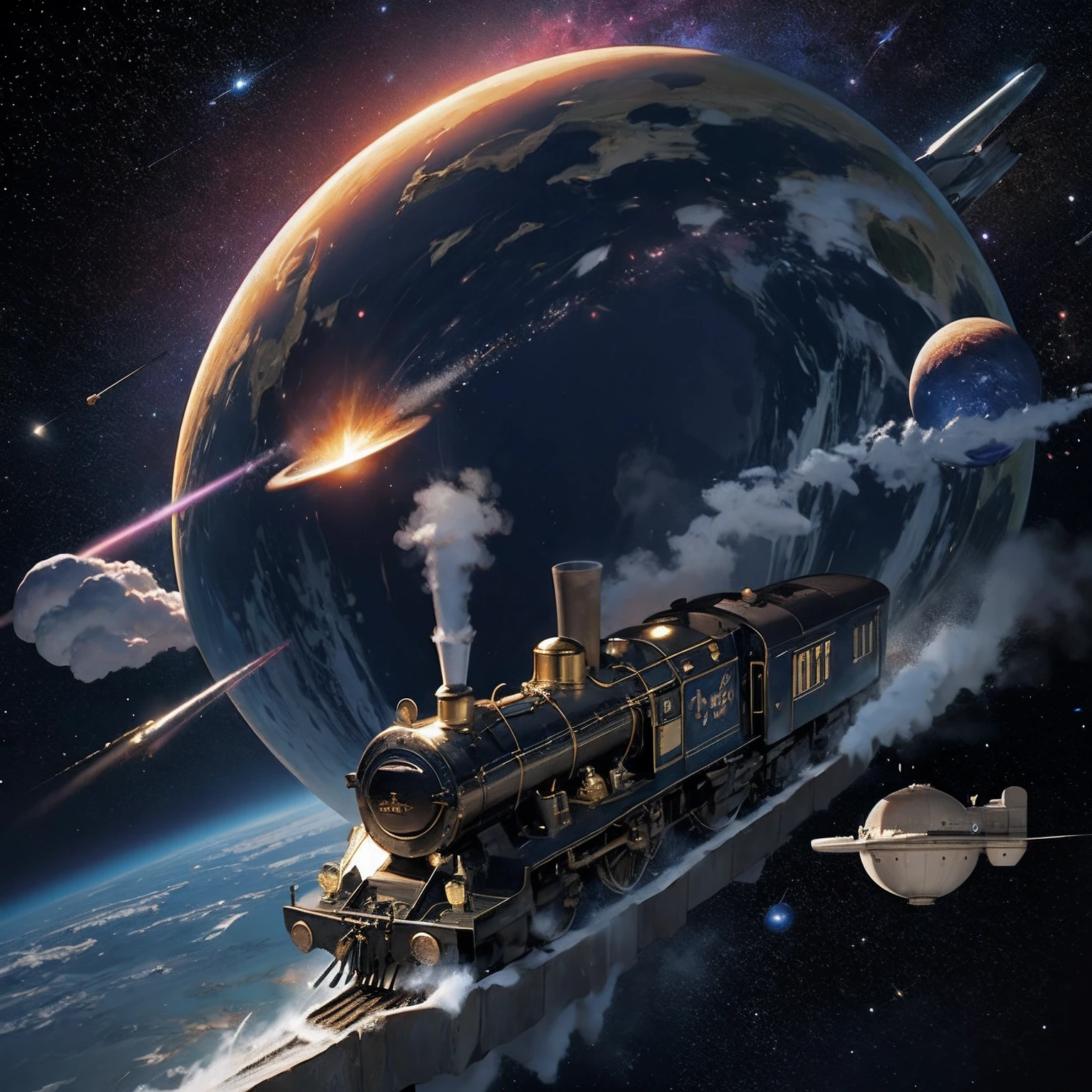 cosmic space、nffsw、steam train、Steam locomotive running in outer space、Galaxy Railway、Floating Train