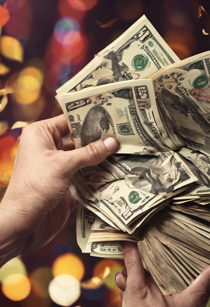 Generate an image of a person fanning themselves with a stack of money. Capture the scene as they playfully fan their face with the bills, displaying a lighthearted sense of luxury and amusement