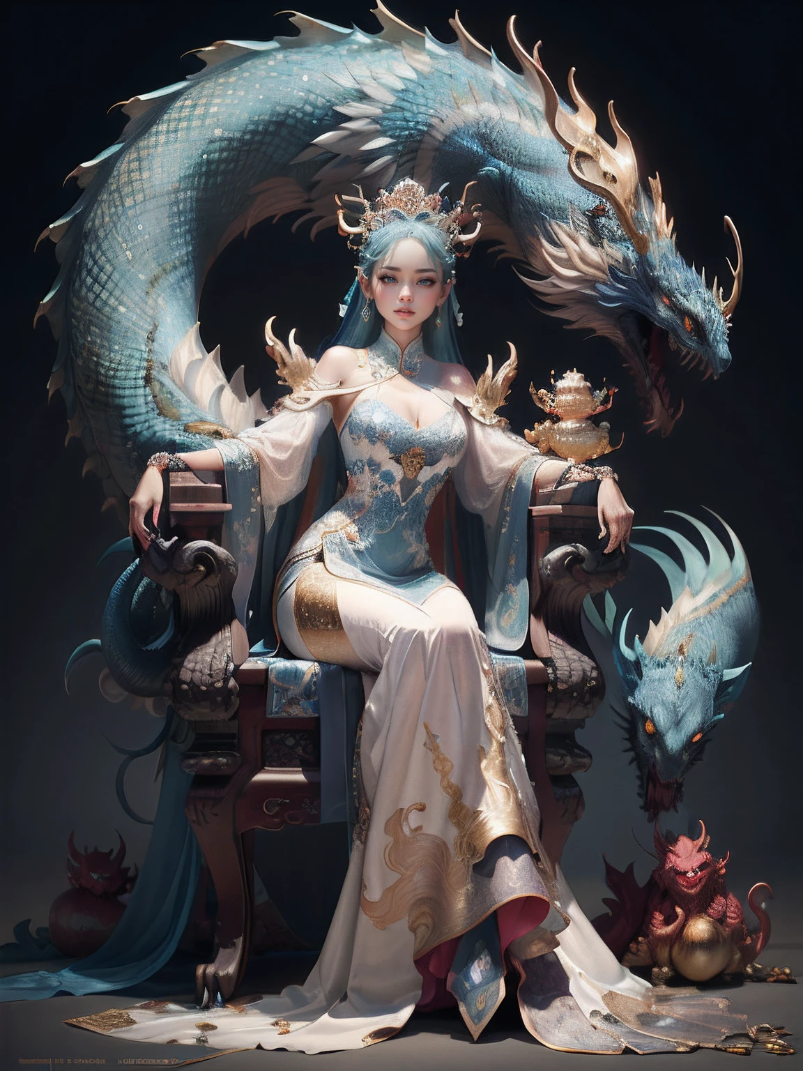 A Chinese girl sitting on a throne, a throne encrusted with precious stones, surrounded by Chinese phoenix beasts, gold and ruby color, unique monster illustration, Dau al set, high resolution, a painting, dense composition, playful repetition, precious stones, crystals, gold, detailed paintings, unique monster illustrations, super fine details, realistic, super high resolution, complex, super detail, (skin dents), cute, feminine, detailed body, (Detailed face: 1.1), (contoured iris), (watercolor lenses), (perfect eyes), 4k, gorgeous, (masterpiece: 1.2), (best quality: 1.2), gorgeous long dress, dynamic pose, rich colors, film light and shadow