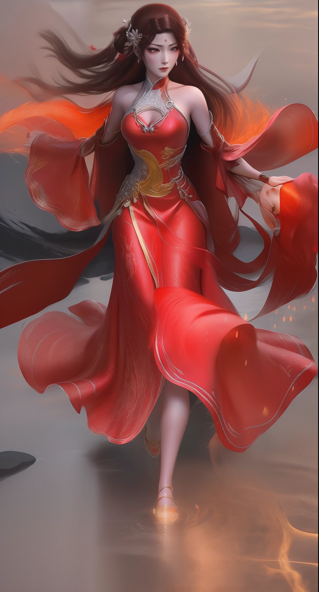 An Arad woman in a red dress walks in the river with a lantern, full-body xianxia, inspired by Park Hua, by Yang J, Inspired by Lan Ying, Extremely detailed Artgerm, inspired by Du Qiong, inspired by Ju Lian, art-style, Ruan Jia and Artgerm, lunar themed attire