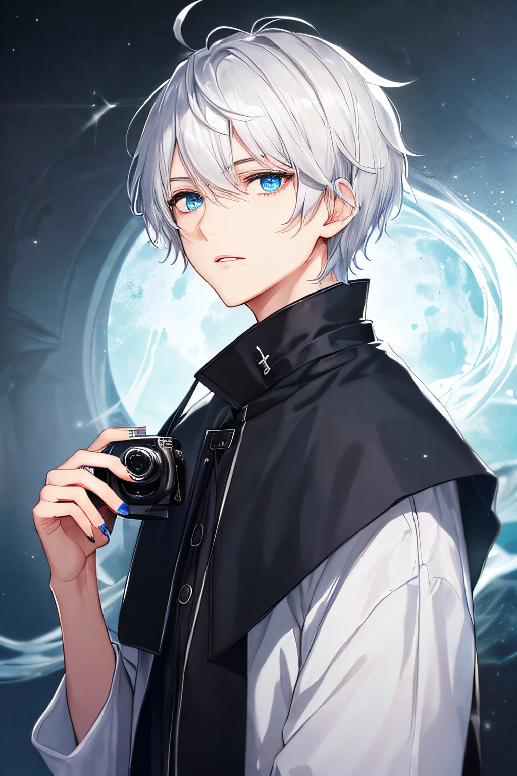 a moon, Best Quality,, 1boy,, Male Focus, Solo, Bangs, Looking at Viewer, hoods, Short hair, ,nail polish, Gray hair, Luxury, 8K, detail, Ray tracing, depth of fields, Cinema Lighting shoun male people blue eyes Aquamarine eyes Big eyes Glowing eyes White lashes long lashes The upper part of the body、Looking at the camera、silber hair white hair short-haired Very Shorthair messy white hair、Black clothe Black attire、Background blue sky serene expressions、A slight smil mystic atmosphere moonlights、 lips are pink Gloss
