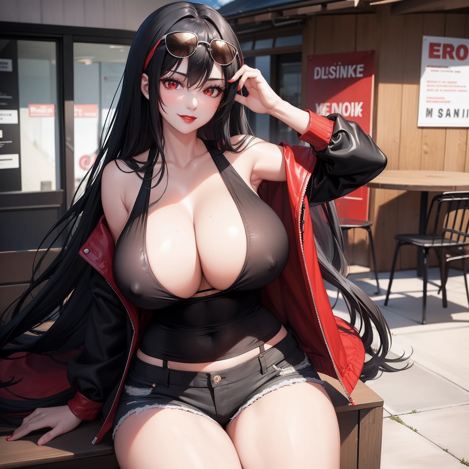 Woman, long black hair, red eyes, super large breast, thick thigh, seductive smile, red lips, beautiful, tank top, jacket, erect nipples, shorts, park, milf, sunglasses,
