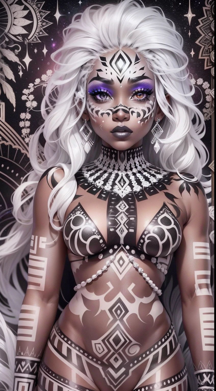colouring book page, black and white, 32k, full body view, very beautiful tribal brown skin girl with excessive intricately detailed vivdly black and white facepaint bodypaint makeup, stunning radiant eyes, gorgeous white hair with highlights, magical night sky background