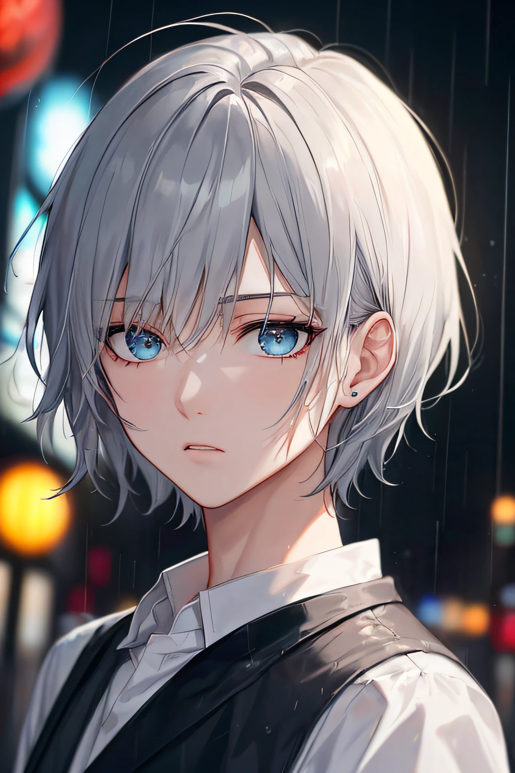 Anime boy with blue eyes and white hair in the rain - SeaArt AI