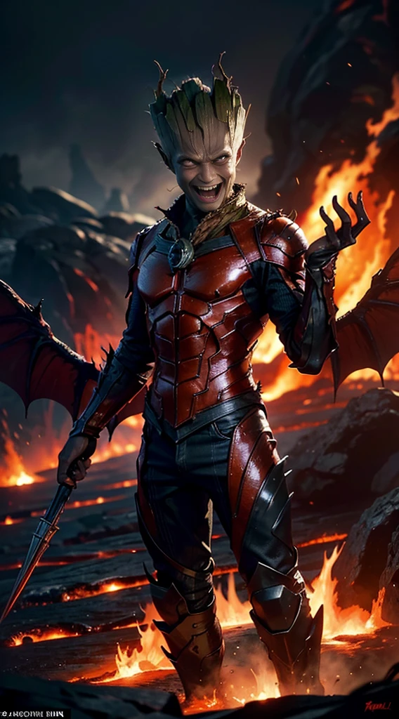 Groot's masterpiece as a hellish demon; Background: molten lava, volcanoes, hell; The devil's weapon in hand; Devil's attire; Scary appearance; Ultra photo realsisim; 8k HDR quality; An evil smile on his face; Demon's wings