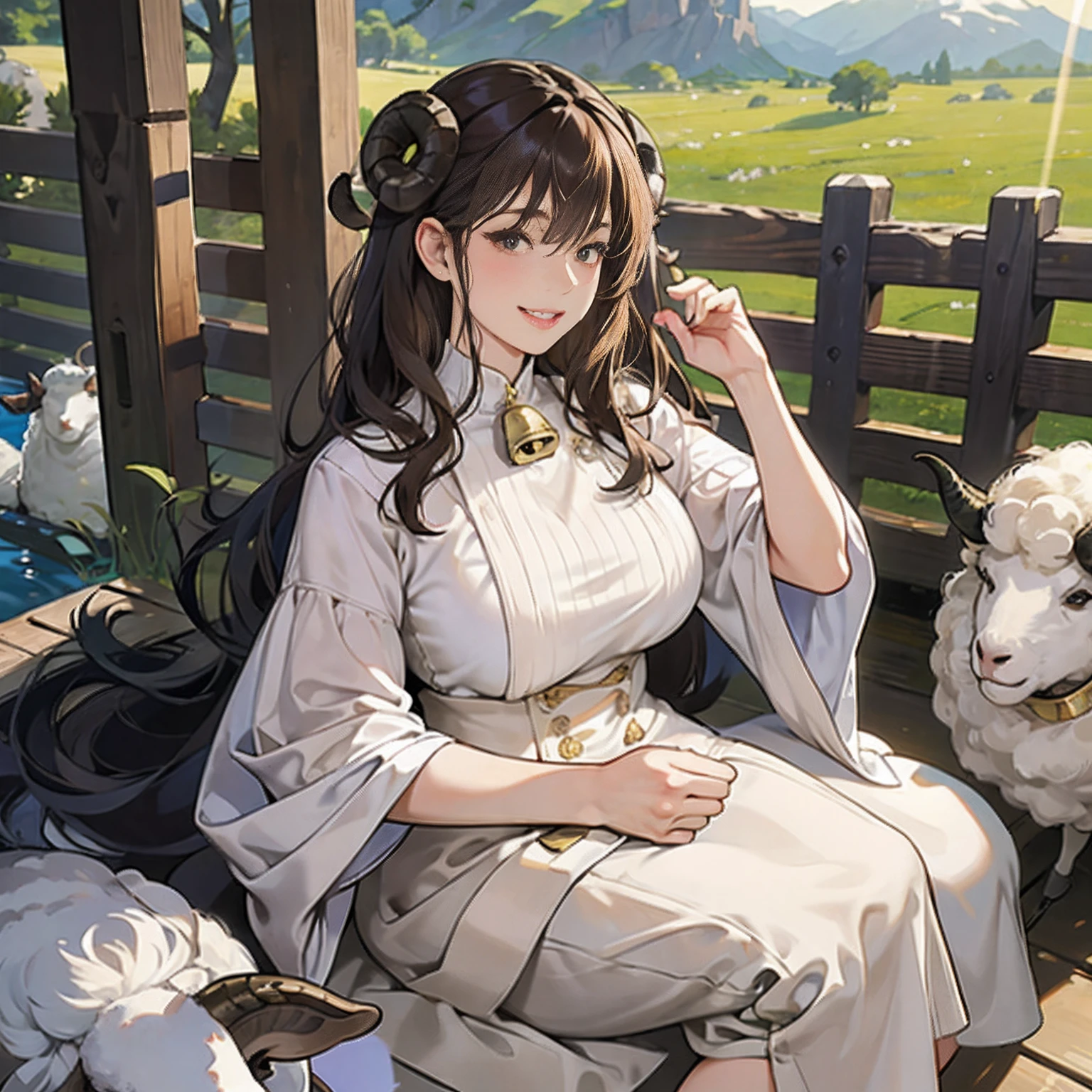 Women in Their 20s、 Fantasia、offcial art, unity 8k wall paper, ultra-detailliert, beautifly、Aesthetic, masterpiece, top-quality, Photorealsitic、large black eyes、dark brown hair、Sheep Woman、Sheep's ears、Milky horned sheep horns、Giant Spiral Horn:1.5、Collar with bell:2.0、Mokomoko Dress、Generative Fabric、Milky cotton clothes、depth of fields, Fantastic atmosphere, Calm palette, tranquil mood, Soft shading、bbw、very large breast、plump figure、Huge breasts、Ranch on the mountain、wooden fence、Flock of sheep:1.6、Happy smile、Petting sheep、Smile with small teeth visible