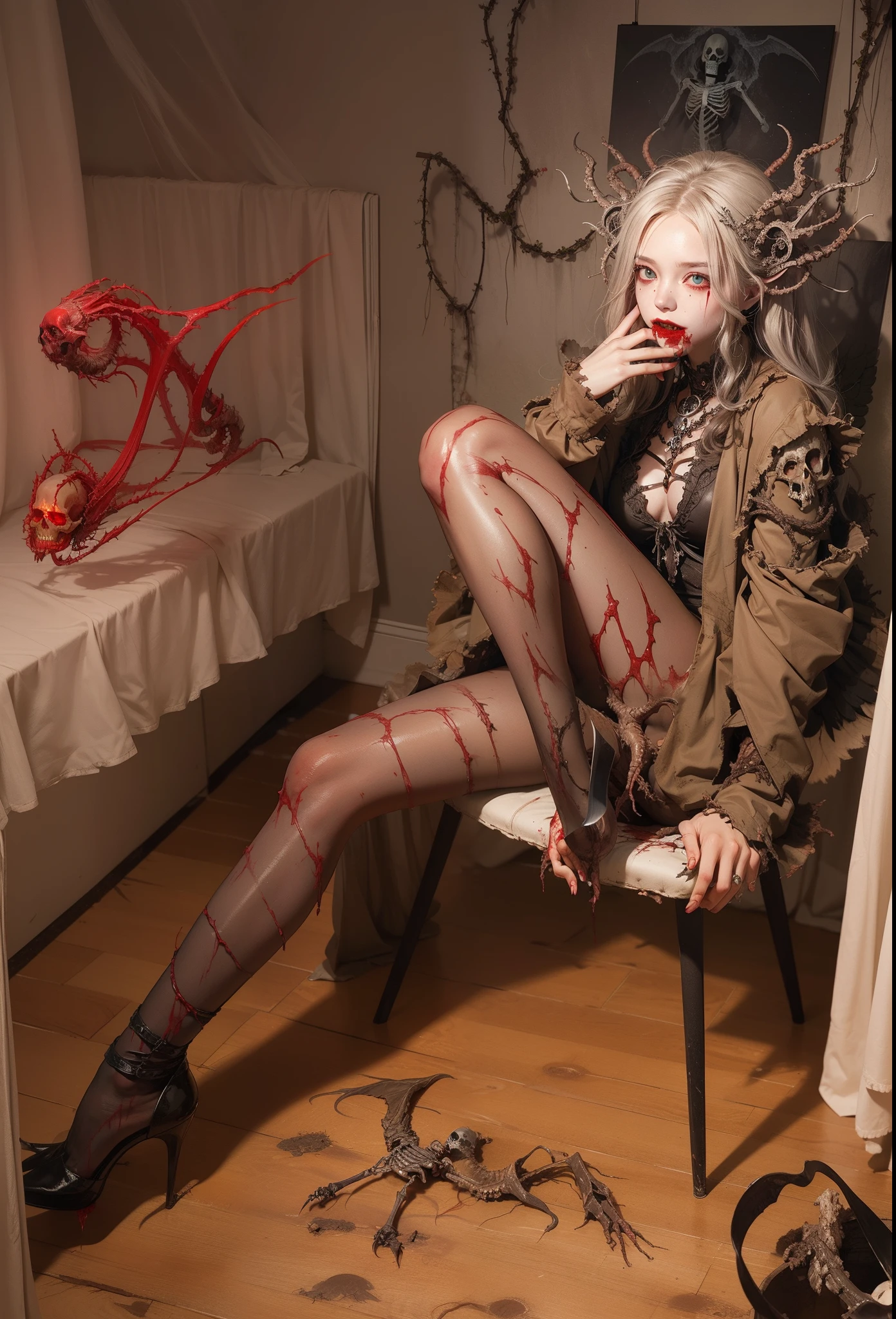 Fine matte painting, skeleton dark angel big wings haunted castle on drawing table full of knives, horror, spookiness, scary, secret horror, tentacles, vines, eyes, uncanny valley effect teeth, limbs, animals, blood moon,