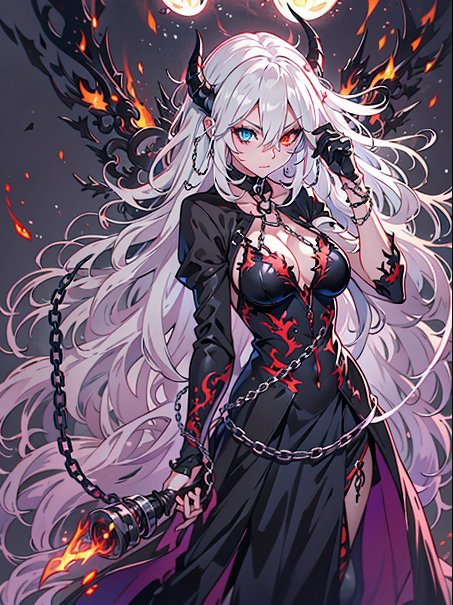 Evil white-haired demon, holding whip, Sexy Outfit, Heterochromia eye, Black, Chains and flames, Fantasy background