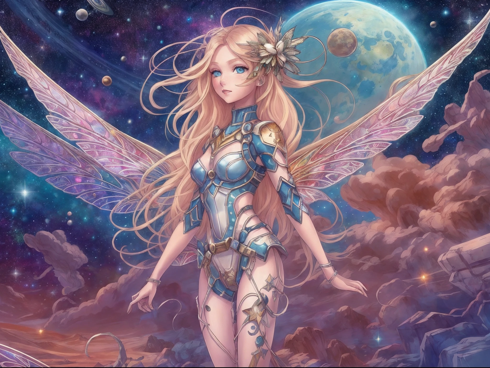 (trippy art:1.5)(fully body photo:1.0)from the above(wide wide shot:1.0),1 plump girl,Latex clothing,the Flower Fairy, Transparent colorful wings, Magic wand,flatchest,Caucasians,Muscle tissue,muscle shaping,Muscle tissue