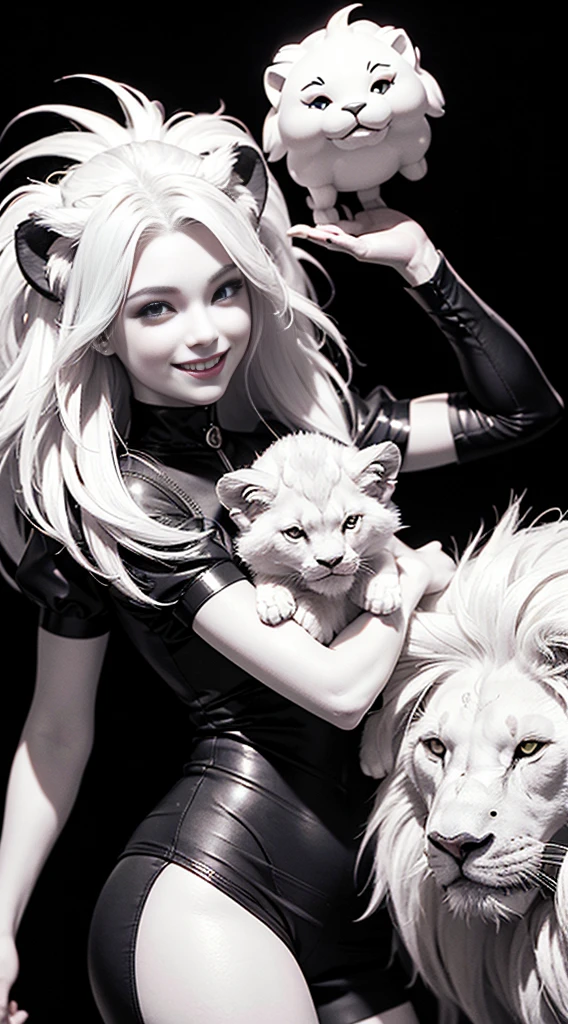 (extremely detailed CG unity 16k wallpaper:1.1), (Denoising strength: 1.45), (tmasterpiece:1.37), game style, Funny smiling white lion, The head is disproportionately large, One tail - the entire figure, Black background, Simplified contrast style, Baby friendly contrast style, Sketch with black lines, Very high contrast, only black and white color, no shadow