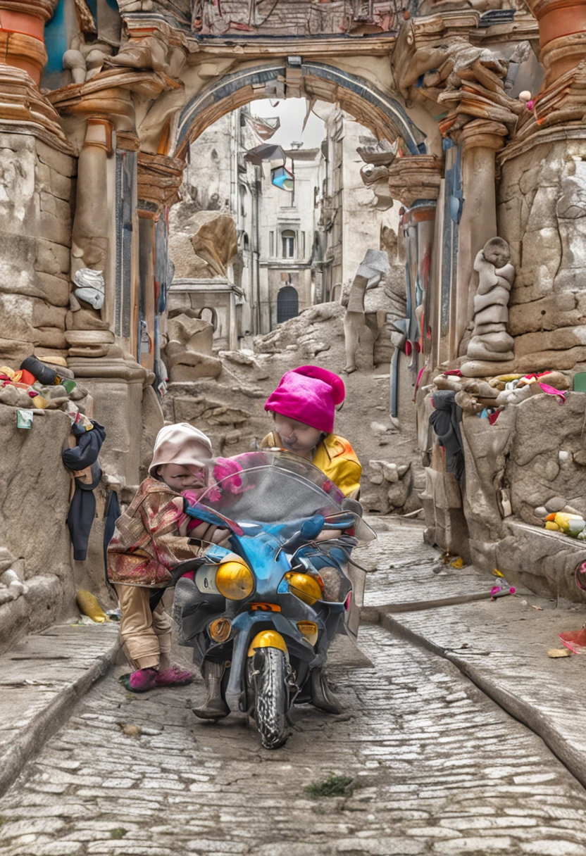 Best quality, Masterpiece, 超高分辨率, (photograph realistic:1.4), surrealism, Dream-like,fusionart, road,crossroad,with people coming and going,People become paintings,Draw with hands and feet,There are old people, children and adults,whoop,Pope Innocent X,There are all kinds of shoes,Identity has dignity and humility,large scene,Overlooking,Draw with hands and feet,