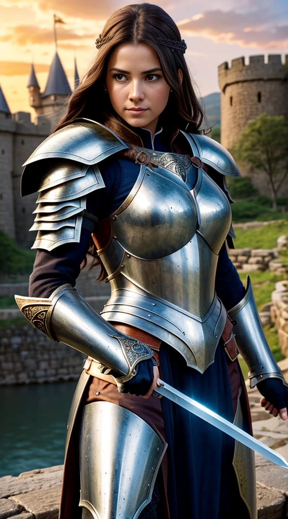 An intense, Close-up depiction of a woman in knightly armor. She stood on a stone bridge, The walls soar into the sky,Homem-Imponente,Behind him is magnificent. In her hand, she is holding a sword, Its edges sparkle in softness, The glow of the setting sun fades away. Her face was resolute, Show her inner strength and courage. Intricate details on the armor, Castle, And the sword brings the scene to life, realistic quality.
