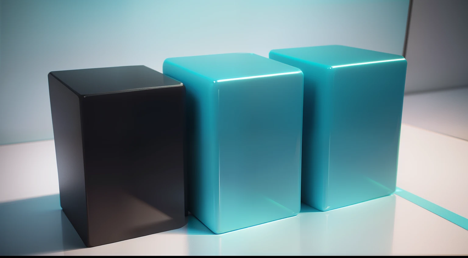 Three cubes of different heights juxtaposed on a colored background，Top-down view，cyan colors, ambient teal light, teal studio backdrop, cyan photographic backdrop, teal lighting, blue and cyan colors, View eye-catching product lighting from top to bottom, glowing hue of teal, cyan colors, gradient cyan, blue realistic 3 d render, depicted as a 3 d render