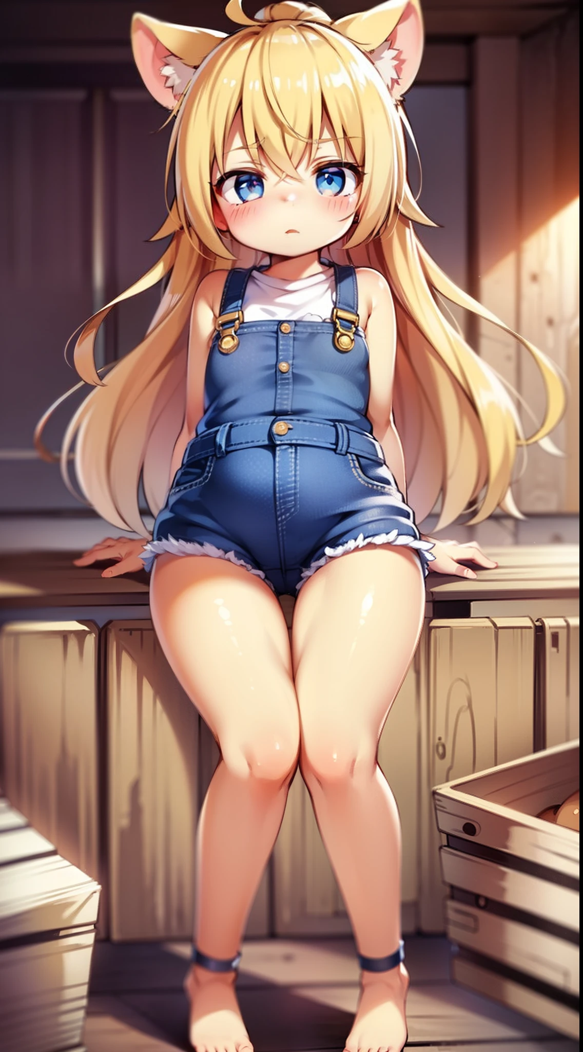 A beautiful sexy girl with a big breast, long round blonde hair, braids, her brown eye, big purple glasses, wearing a blouse, a light purple pocket with a button, tied knot, showing a navel and a blue shorts, a pocket with a black heel.