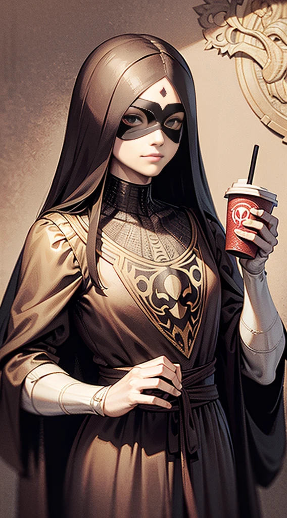 Renaissance-style self-portrait of Leonardo da Vinci wearing a Spider-Man mask, Render with charcoal and ink, Only masks have color, Starbucks cup in hand, (extremely detailed CG unity 16k wallpaper:1.1), (Denoising strength: 1.45), (tmasterpiece:1.37), game style