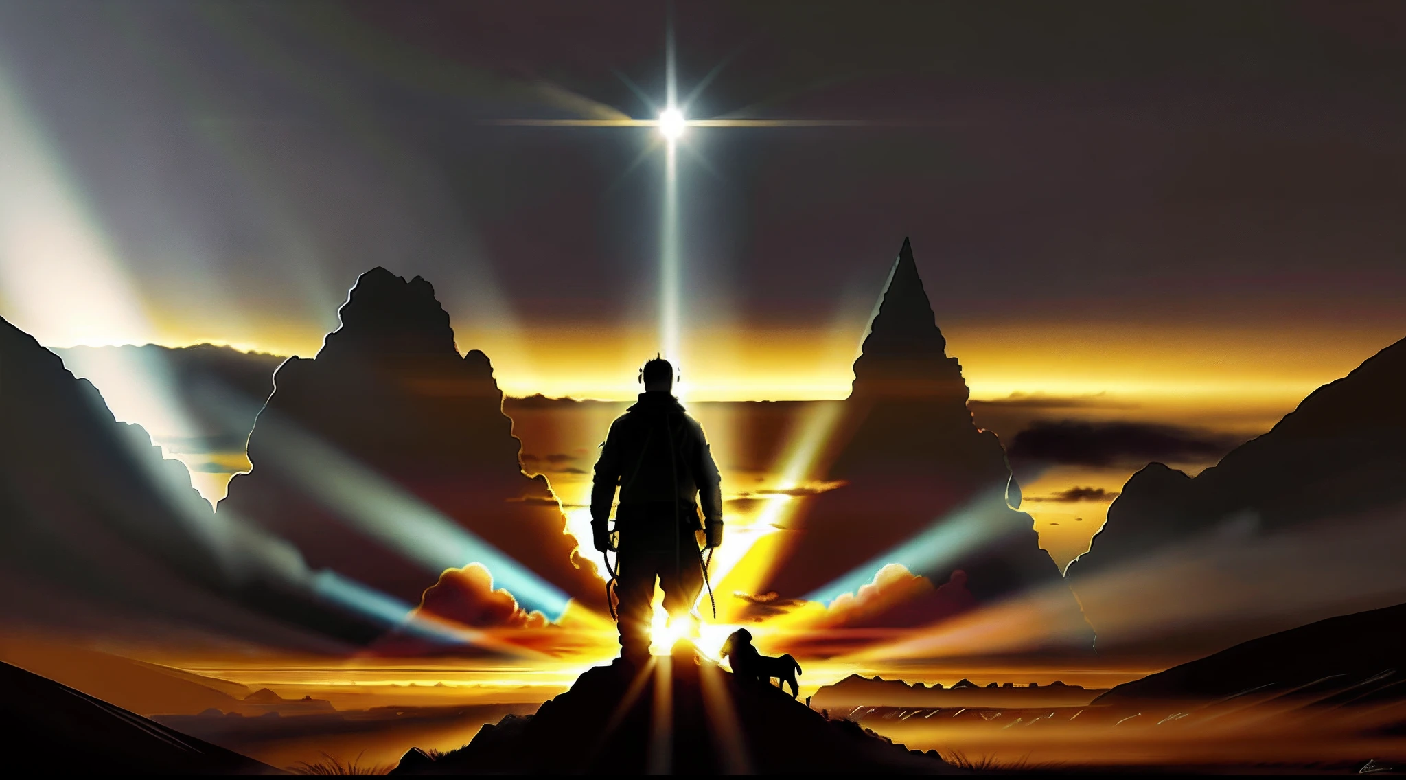 Please draw a picture：A man with a dog，Stand on scorched earth after the doomsday nuclear war，Under the rays of the setting sun，There are long shadows on the ground
