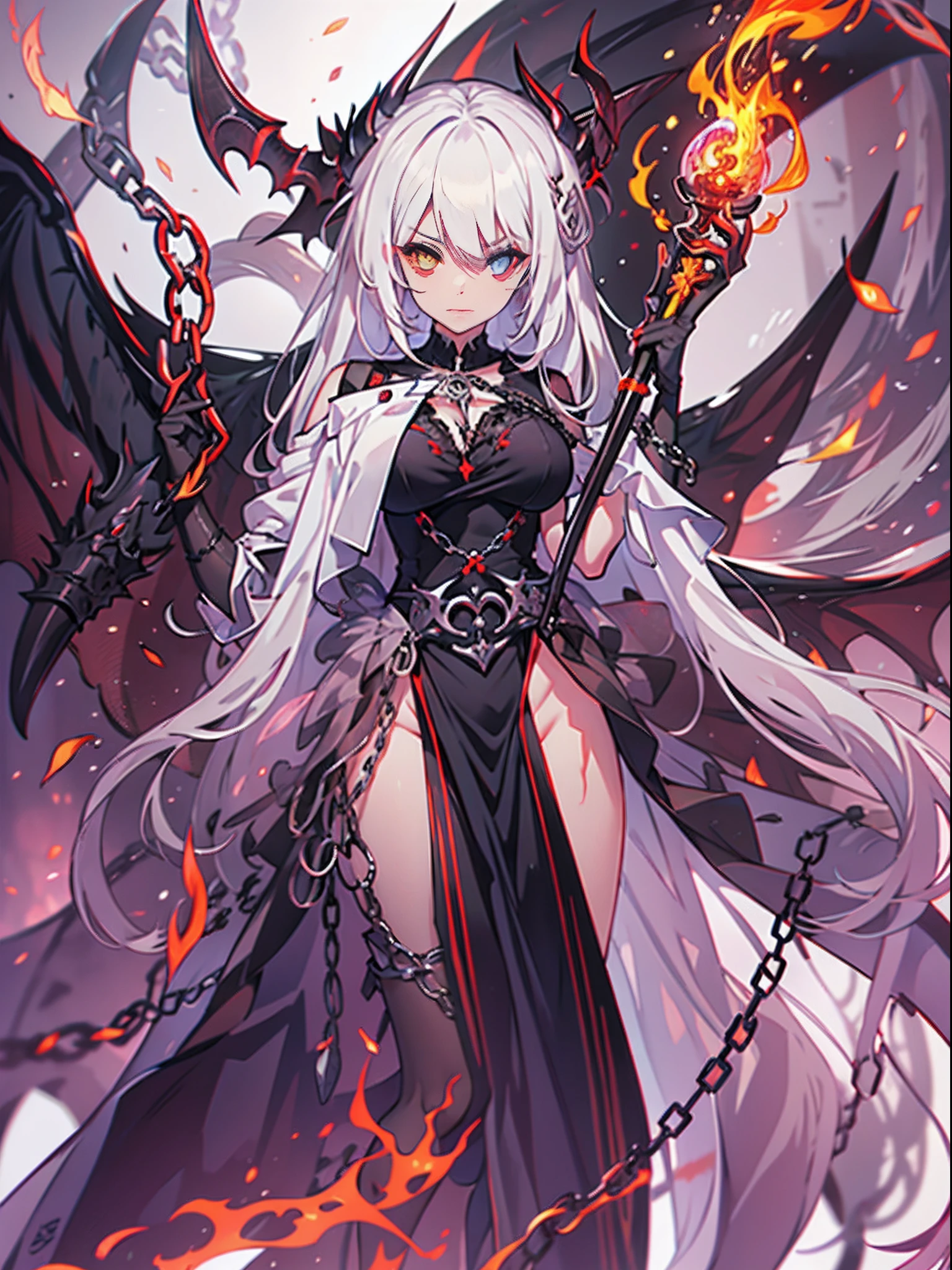 Evil white-haired demon, Holding a chain sword, Sexy Outfit, Heterochromia eye, Black,loimu, Fantasy background