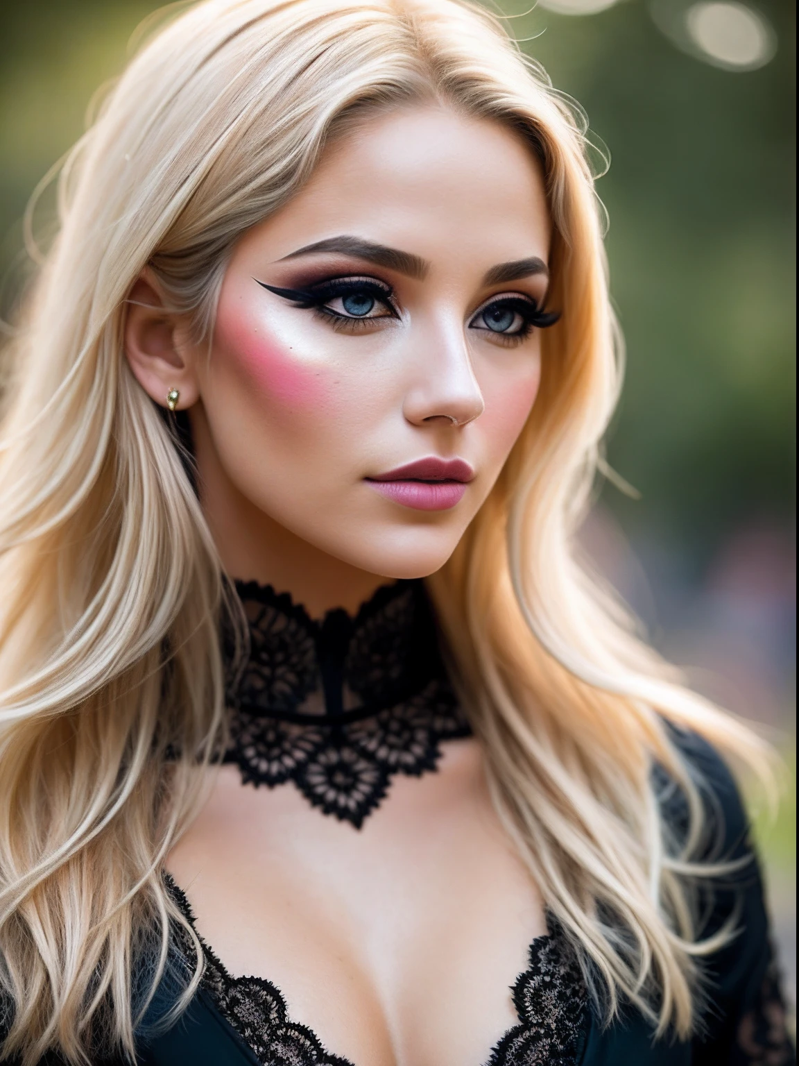 A portrait of a blonde, (makeup:1.4), amazing body, (fit body:1.2), lace outfit, highly detailed fur, natural skin texture, 4k textures, detailed belly, Highly detailed perfect smooth skin, Lightroom, Intricate, Ultra-Realistic, Out There, (HDR:1.3), UHD, (Intricate Detail, Hyper-Detailed:1.1), Cinematic, Photoreal, (Dark Shot:1.2), Dramatic, High Contrast, (Warm Color:1.1) , muted colors, master piece, elegant, sharp focus, strangers watching