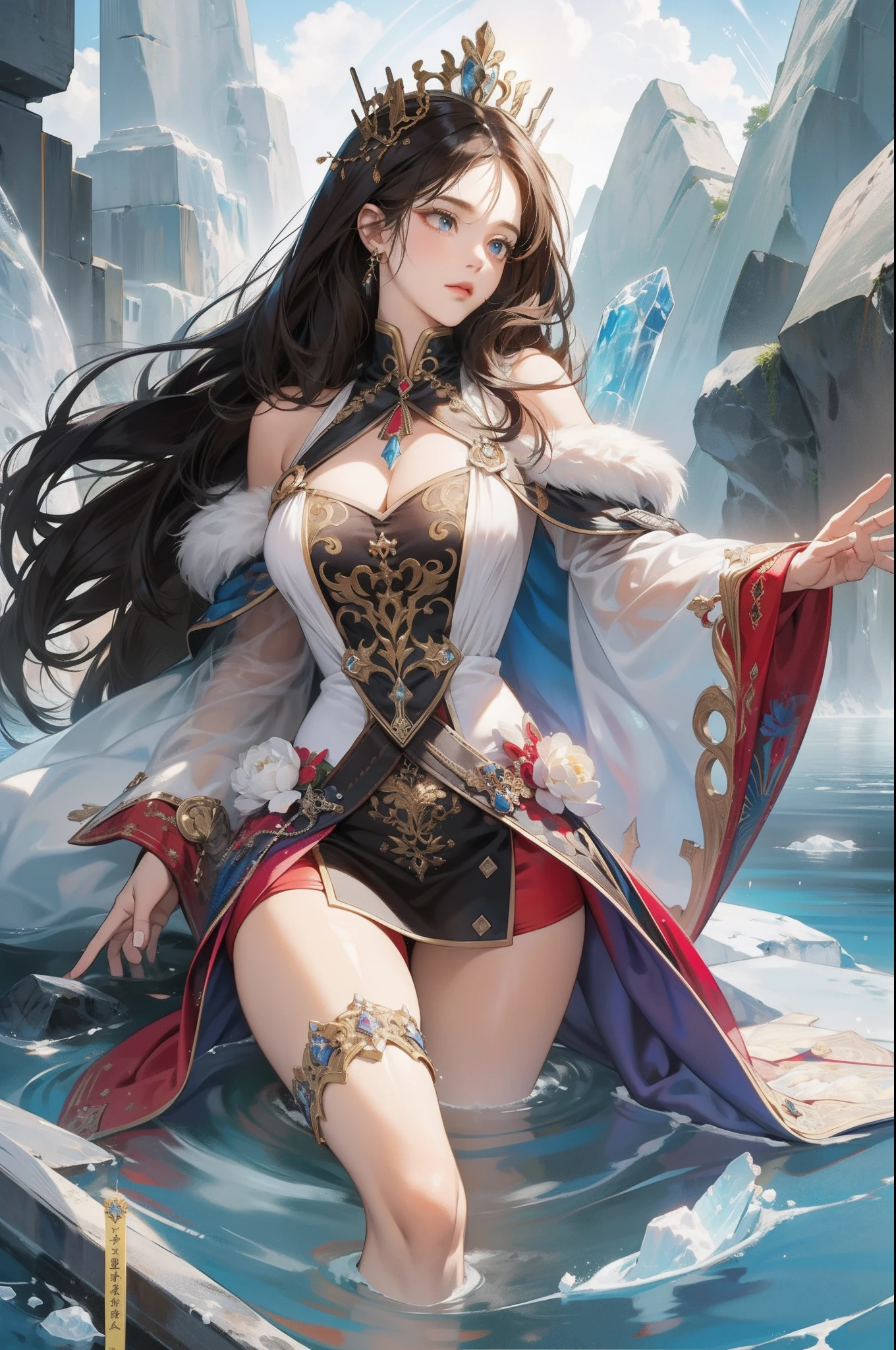 Best quality,masterpiece,8k,Fractal art,A girl,long hair,Big long legs,Ice and Water,Queen's demeanor,