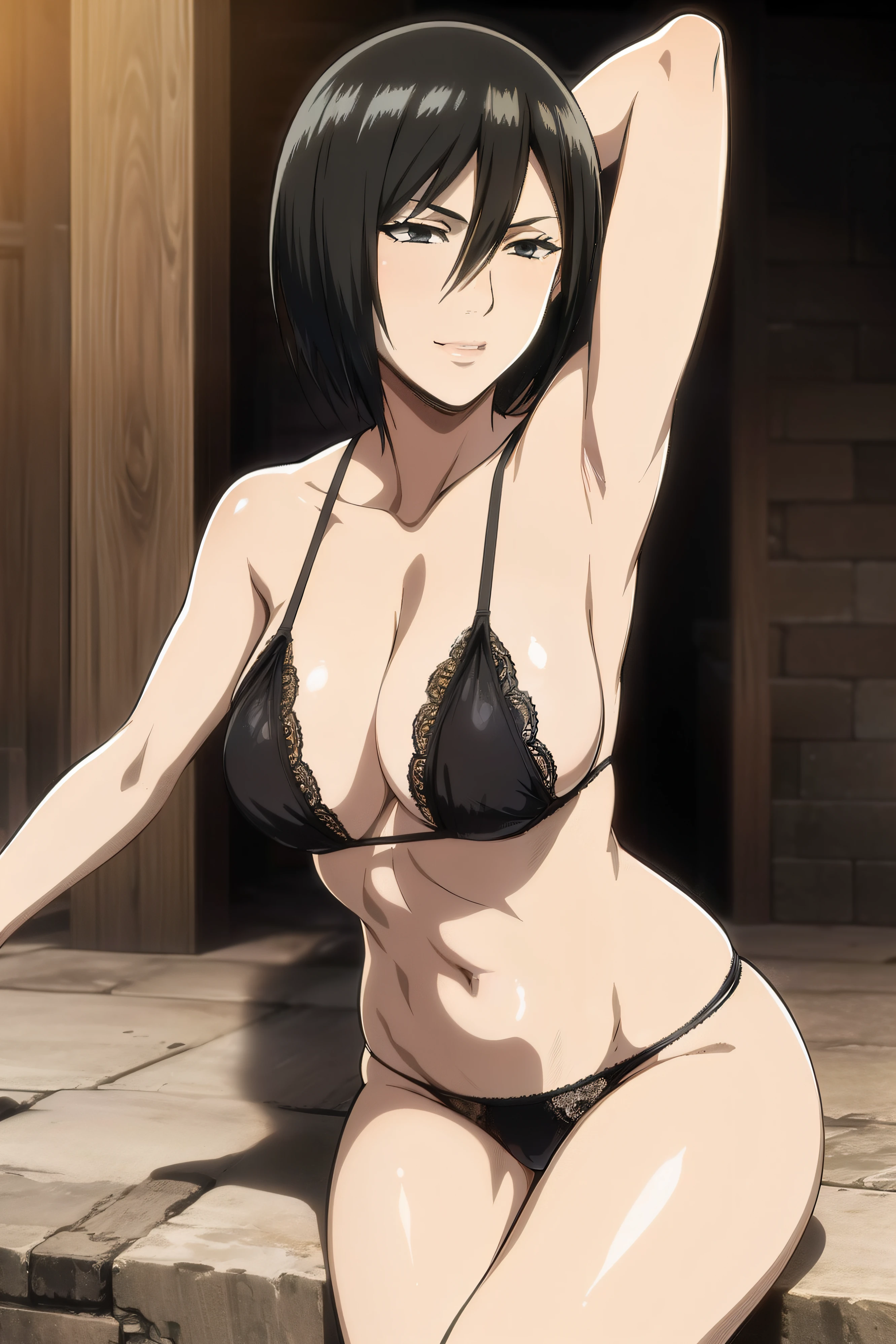 Dazzling, Armpits, intricate detailes, 1girl in, Mikasa Ackerman, (A dark-haired:1.3), hair between eye, short-haired, sideburns, s lips, shut, Yui, s lips, masterpiece, best qualtiy, , Bathing, hason, Baezon, Black eyes, , Black eyes, muscle, medium breasts, smil、Black underwear、Lace underwear、Lace erotic underwear figure