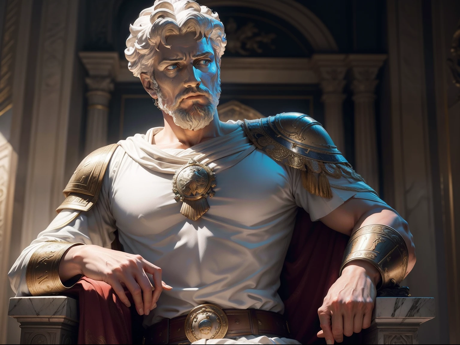 Marcus Aurelius Eperado Romano, As an image of a marble bust, As a famous ancient Roman statue.Dressed in a marshal uniform，Very gorgeous details，Holding a long sword，Sit upright in a chair。Marble sculptural texture，max detail，8k，Stage lighting，Epic scenes,  greco roman statue, the greek god, classicism artstyle, Ridley Scott movie shots，Epic movies， tmasterpiece, best qualityer, 8K texture, highly  detailed, realisticlying, Soft cinematic light, hdr, foco nítido, tmasterpiece, Fotor is realistic, Award-winning photography, a Canon EOS R5, 35 mm.