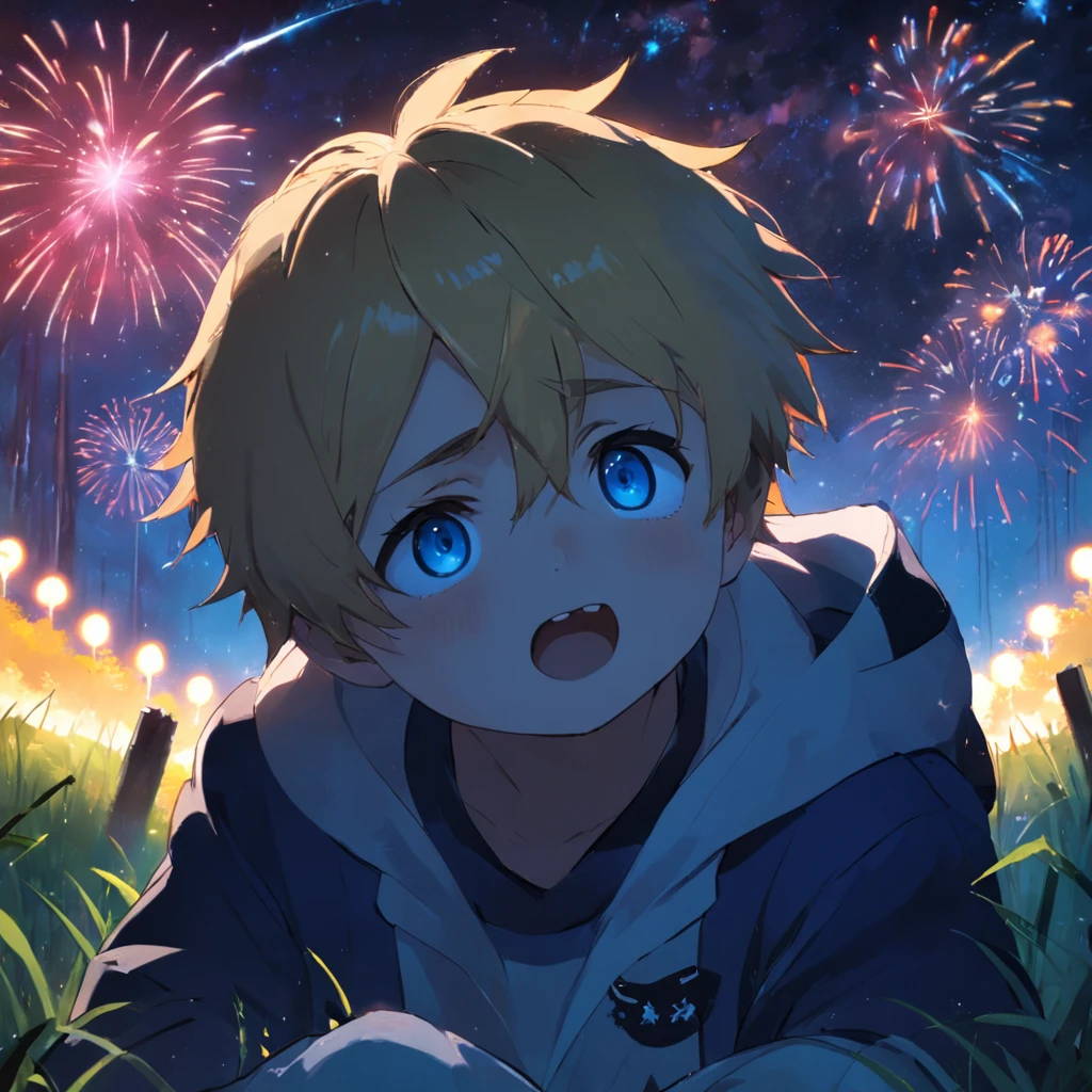 Boy programmaer masterpiece,top-quality,cinematic Film still from,1panda,close-up,boy staring at the stars in the forest,Turn your back on the stars,Starry sky,spark of light