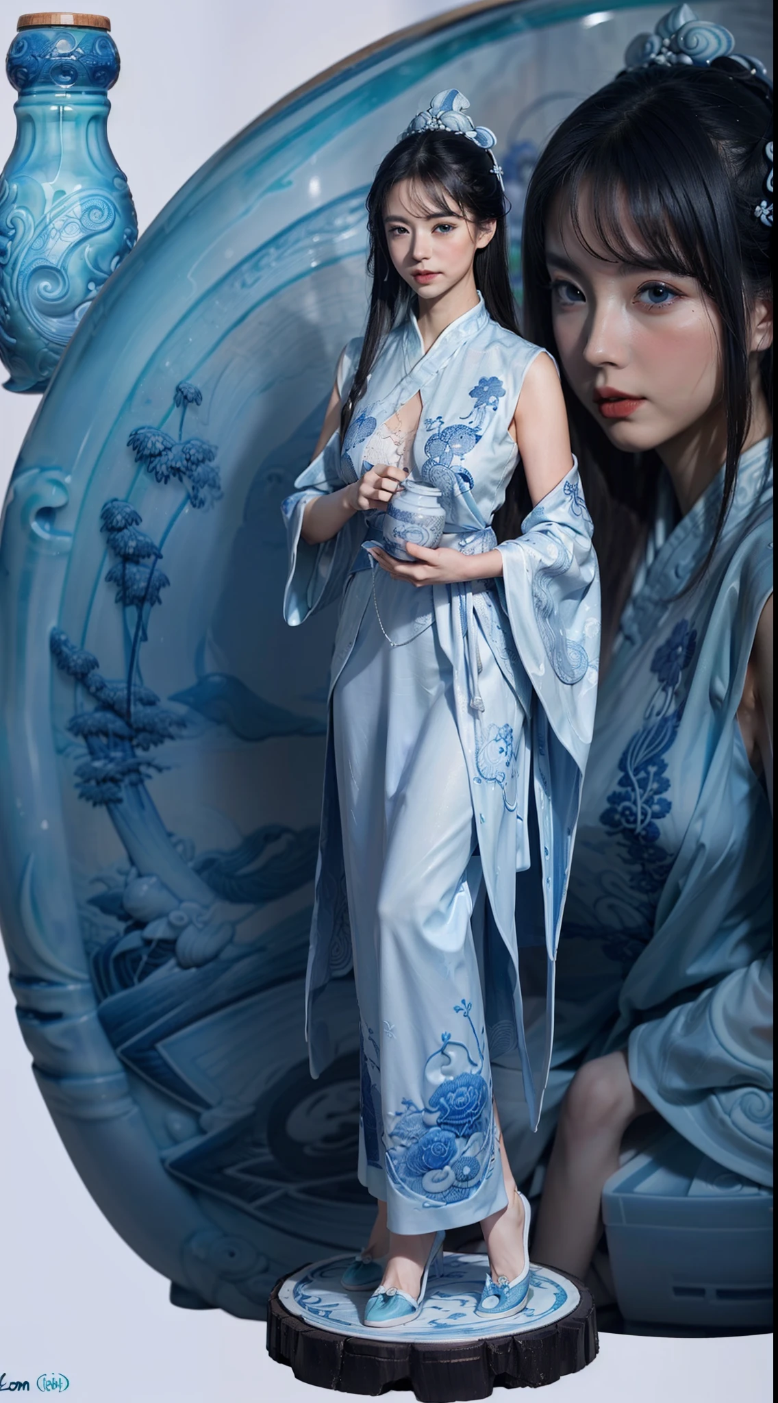 (Blue and white  porcelain bottle zoom layer,jade carving porcelain bottle illustration,white background:1.4),(a girl,solo,Blue and white porcelain fragment embroidery,wearing Hanfu made up of jade carvings,wooden base:1.45),a detailed drawing,