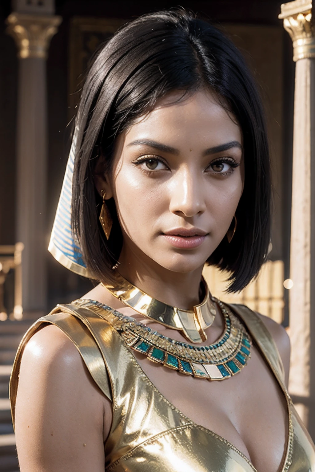 A 40-year-old ancient Egyptian woman，Mysterious Pharaoh，((Above the shoulder，facial closeups))，((short black straight hair))，Cleopatra, queen of Egypt, Light brown eyes, Glowing eyes, Black shiny hair, Long hair, Leaning against the mat, Golden dress, glowing dress, Egyptian Palace, golden ornaments, proud expression, Lower viewing angle, lens flare glow, ray-traced reflection, Iris reflex, Glossy diamond earrings, navel, Gold gauze skirt