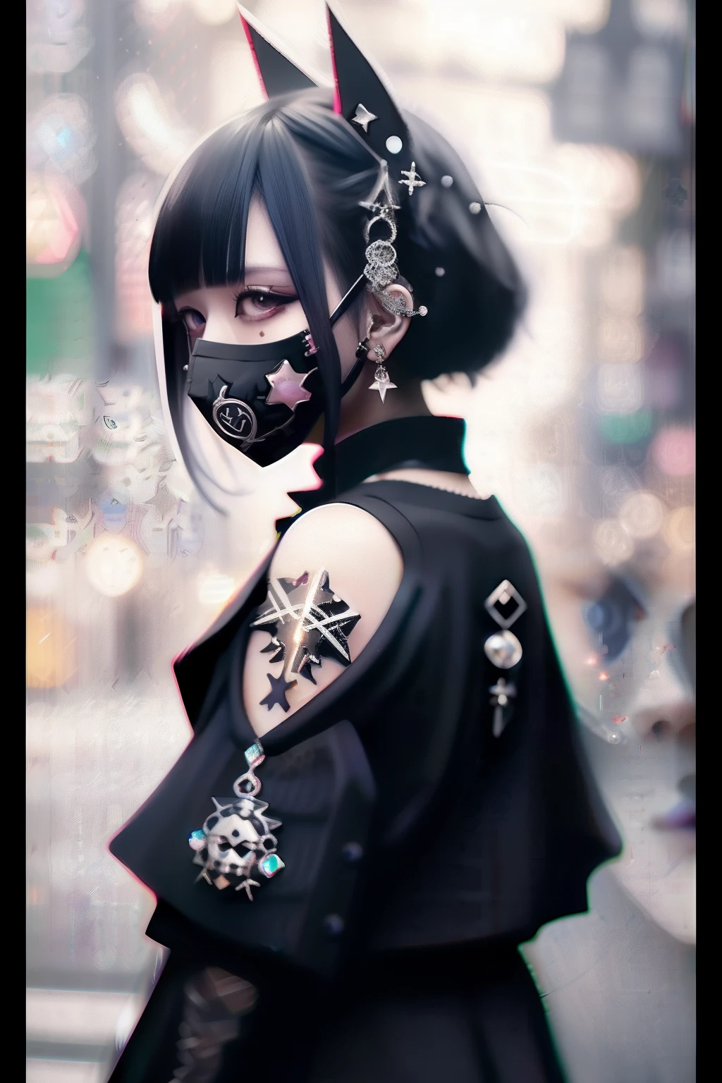 A dark-haired、bob cuts、goth_punk, 1girl in, 独奏, medium shot, Walking in Harajuku, ((during night)), bokeh dof, neon light, iridescent eyes, starrysky, White sparkling hair, White eyebrows, Radiant hair, (iridescent white hair), 耳Nipple Ring, bangss, jewely, masks, bluntbangs, verd s eyes, Mouth mask, blurry backround, bblurry, hair adornments, Look at viewers, shorth hair, portraitures, side locks