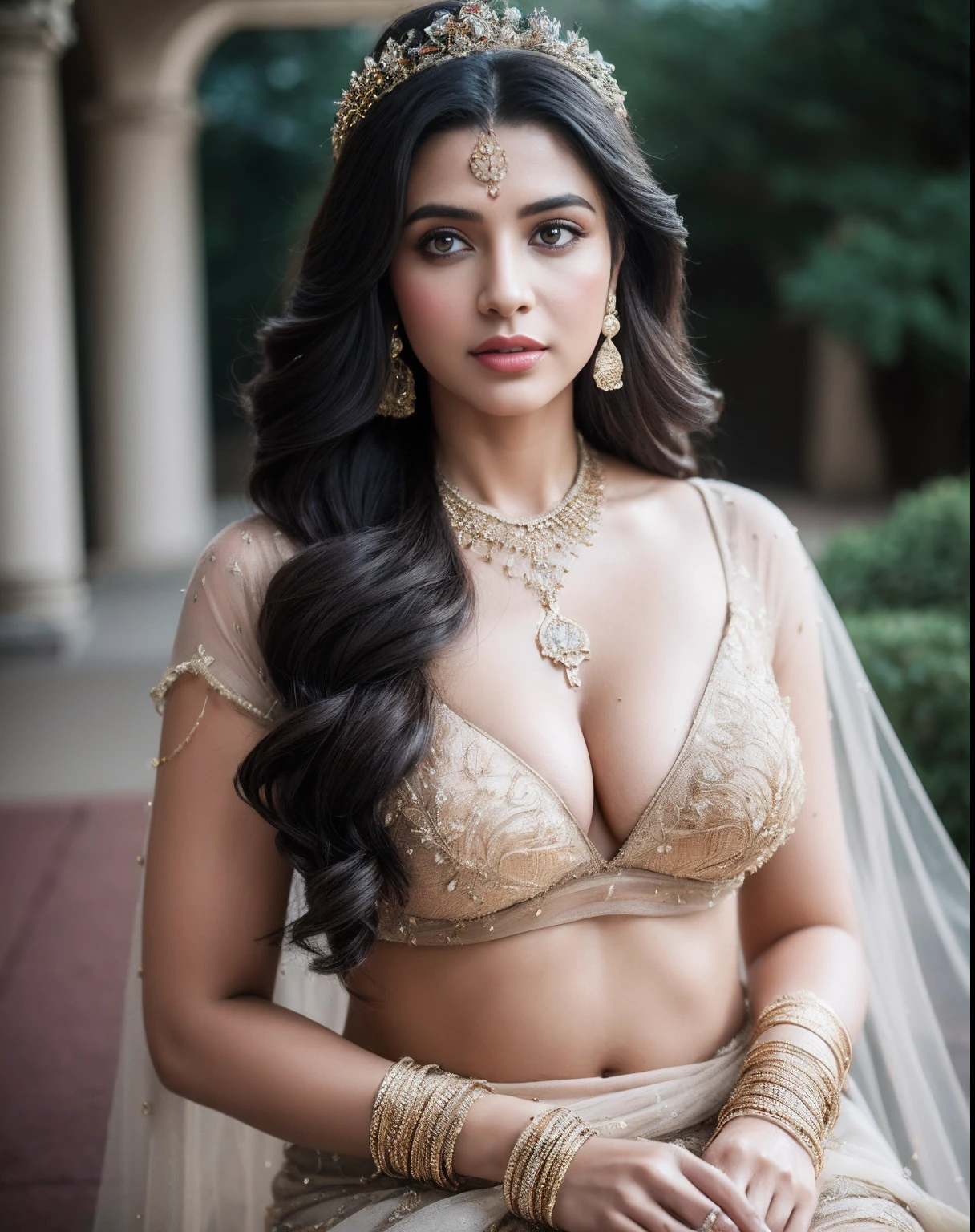 side topless portrait of A confident-looking indian woman princess with long flowing hair, hazel eyes, with flowing see-through royal saree and breast visible see-through blouse, wearing designer jewellery, designer royal gown, a crown on head, visible c-cup breast sitting on royal garden, palace background, bokeh perfect composition, hyperrealistic, super detailed, 8k, high quality, trending art, trending on artstation, sharp focus, photo shoot, intricate details, highly detailed, art by greg rutkowski