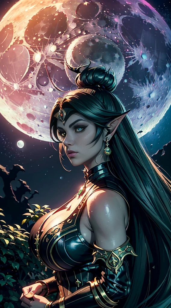 3D style, (the huge moon:1.5), (extremely detailed CG unity 16k wallpaper:1.1), (Denoising strength: 1.45), (tmasterpiece:1.37), game style, Queen of the Dark Elves, a green forest