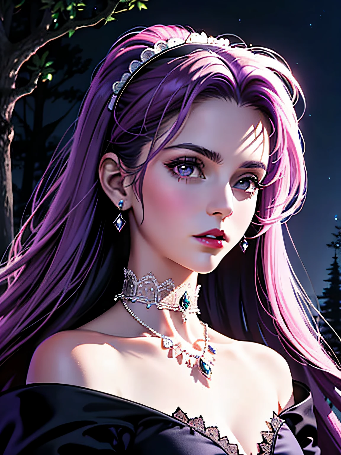 (Fair skin，rays of moonlight) Vampires, (Masterpiece), Intricate details, Retro, ((1999s animation)), ((Best quality)), (Purple Gothic castle in the forest at night), (Gothic long taut shining) Shiny [Purple-orange dress], Vampire-eared bats, detailed lace, (Natural stone) jewelry, (light pink lips), choker necklace, Ultra-thin and thick, Extremely detailed, , white scrunchie，teens girl