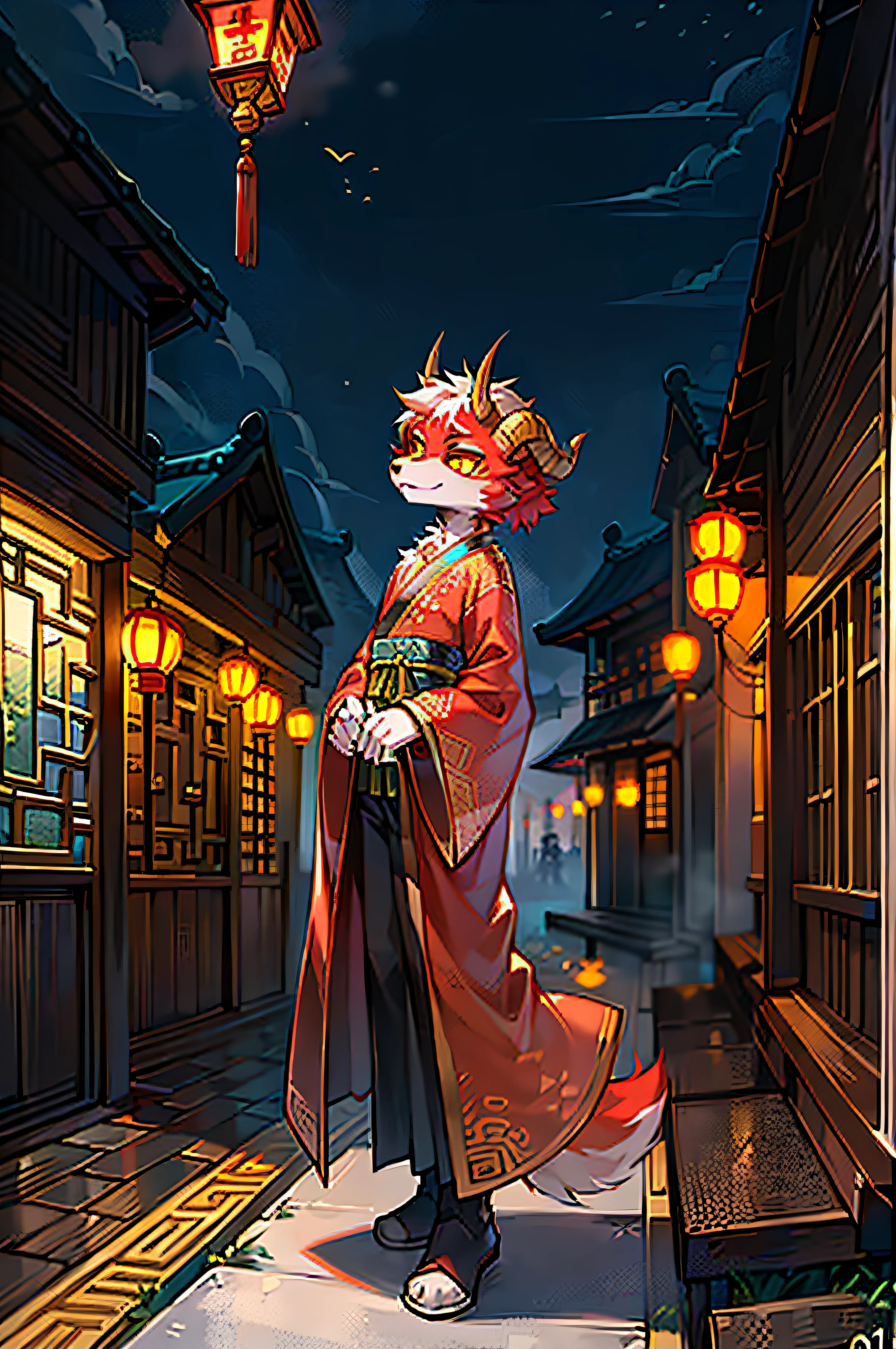 (((picture quality is high:1.1, Lens effect side:1.1, The lens effect looks up:1.1))), A tall, Skinny wolf standing in Chinese yard at night,With the horns of a coiled sheep,Wear Chinese robes,The nose is long,Yellow eyes,Red fur,contempt eyes,One's brow furrowed,There is a little anger,Head to side,The right hand crosses the waist