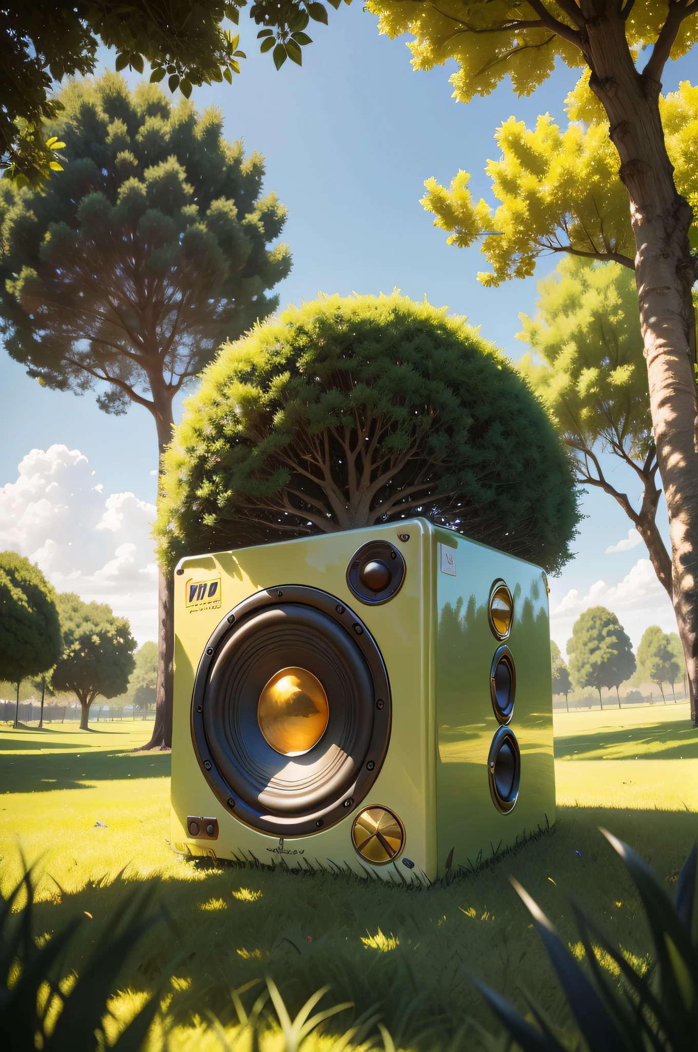 Image of Arafard of a speaker sitting in grass next to a tree, sunday, sunday afternoon, jazz, noon, music, sound, sunny day time, Sunny day, Morning, Sunny afternoon, warm and joyful atmosphere, Plenty of sunshine in the morning, midday sunlight, Sunny morning, beautiful fine sky, Sunny atmosphere, morning golden hour, album, bottom angles