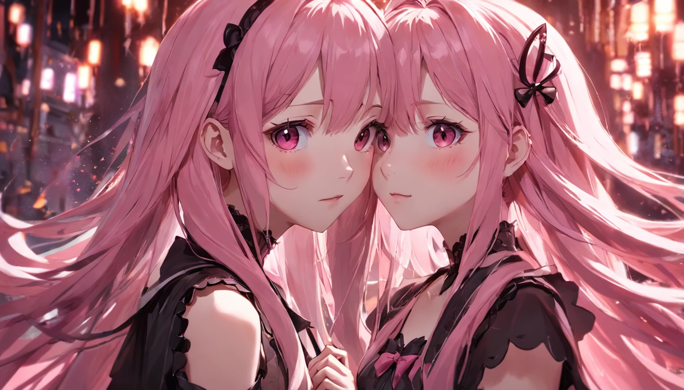 8K,Delicate facial features,Ultra-clear,Pink Long Hair,Two sisters,schools,校服,blackstockings,Heavy makeup,Smoky makeup,eye shadows,self-shot,looking toward the viewer,ssmile