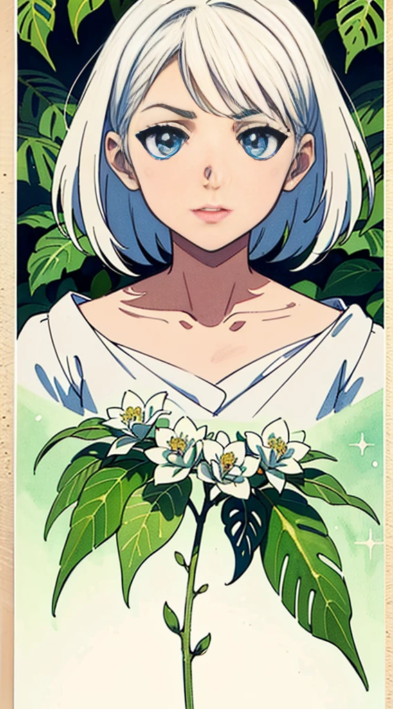 extremely detailed CG unity 16k wallpaper:1.1), (Denoising strength: 1.45), (tmasterpiece:1.37), watercolor, extremely detailed, 1girl, full body, beautiful detailed eyes, cute anime face, full body, beautiful detailed face, white hair, (Botanical illustration:1.5), white dress, god rays, sparkle, glowing light, masterpiece, best quality